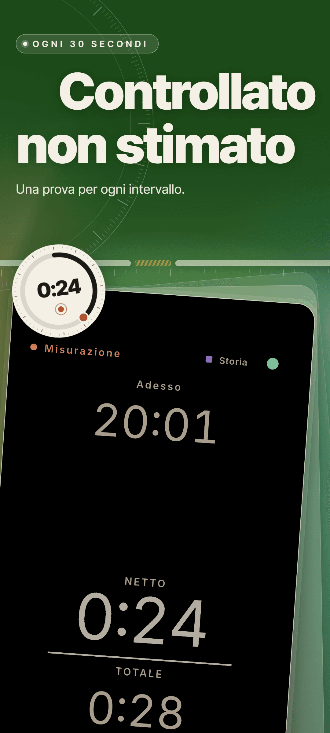 La schermata di misurazione, sempre in tema scuro, con l'ora attuale, netto 0:24 e totale 0:28