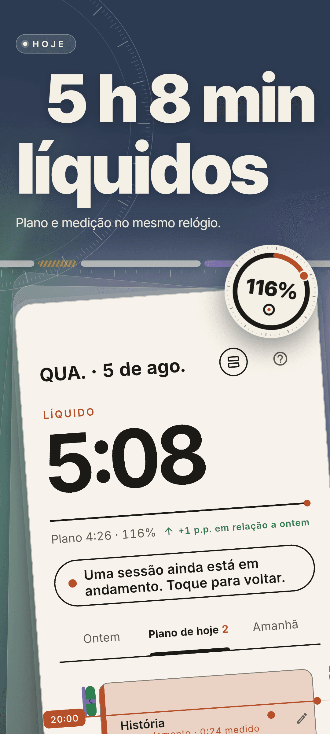 Tela inicial de quarta-feira, 5 de agosto: 5:08 líquidos hoje contra um plano de 4:26 (116%), um aviso de que uma sessão ainda está em andamento e a aba Plano de hoje