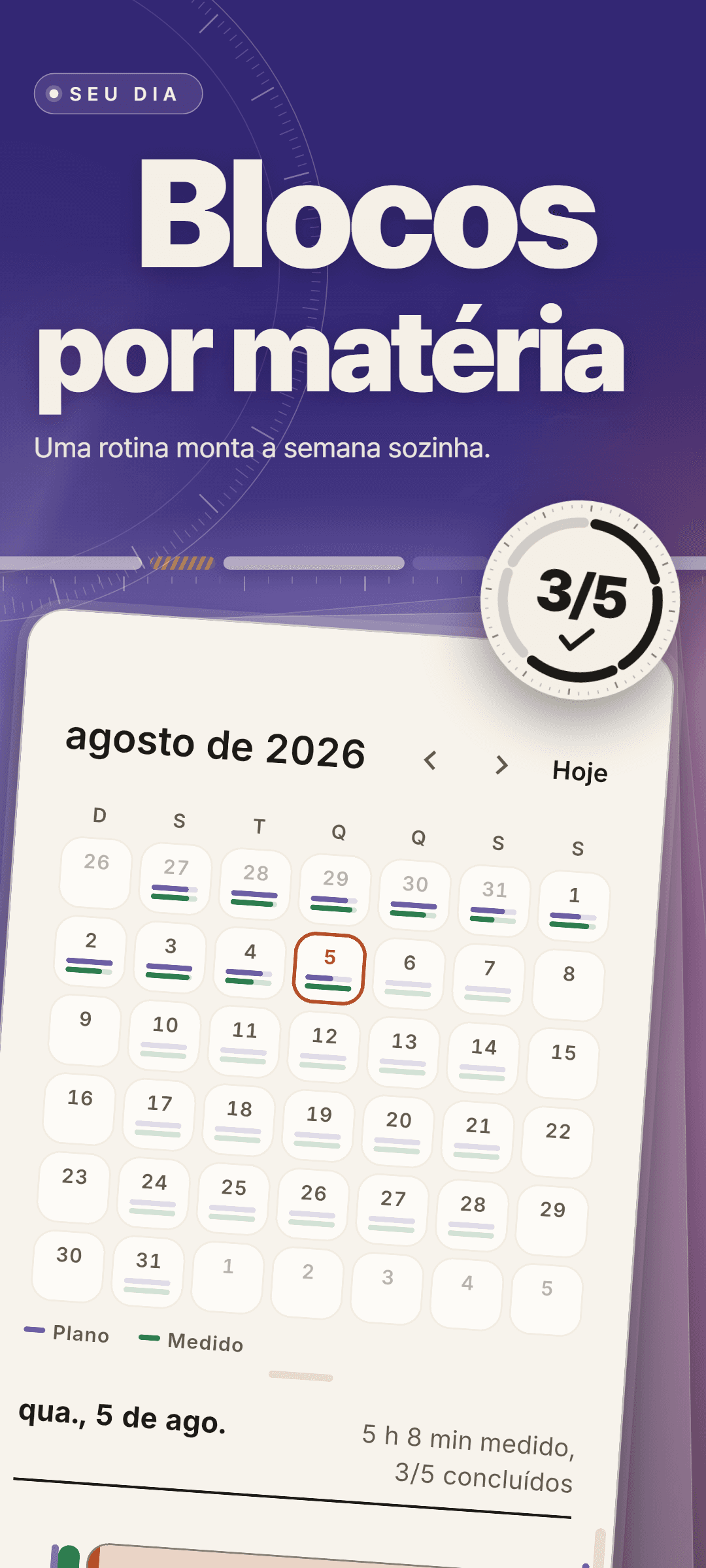 O calendário de agosto de 2026 com uma linha de plano e outra de medição sob cada dia, e 5 de agosto selecionado: 5 h 8 min medidos, 3 de 5 feitos