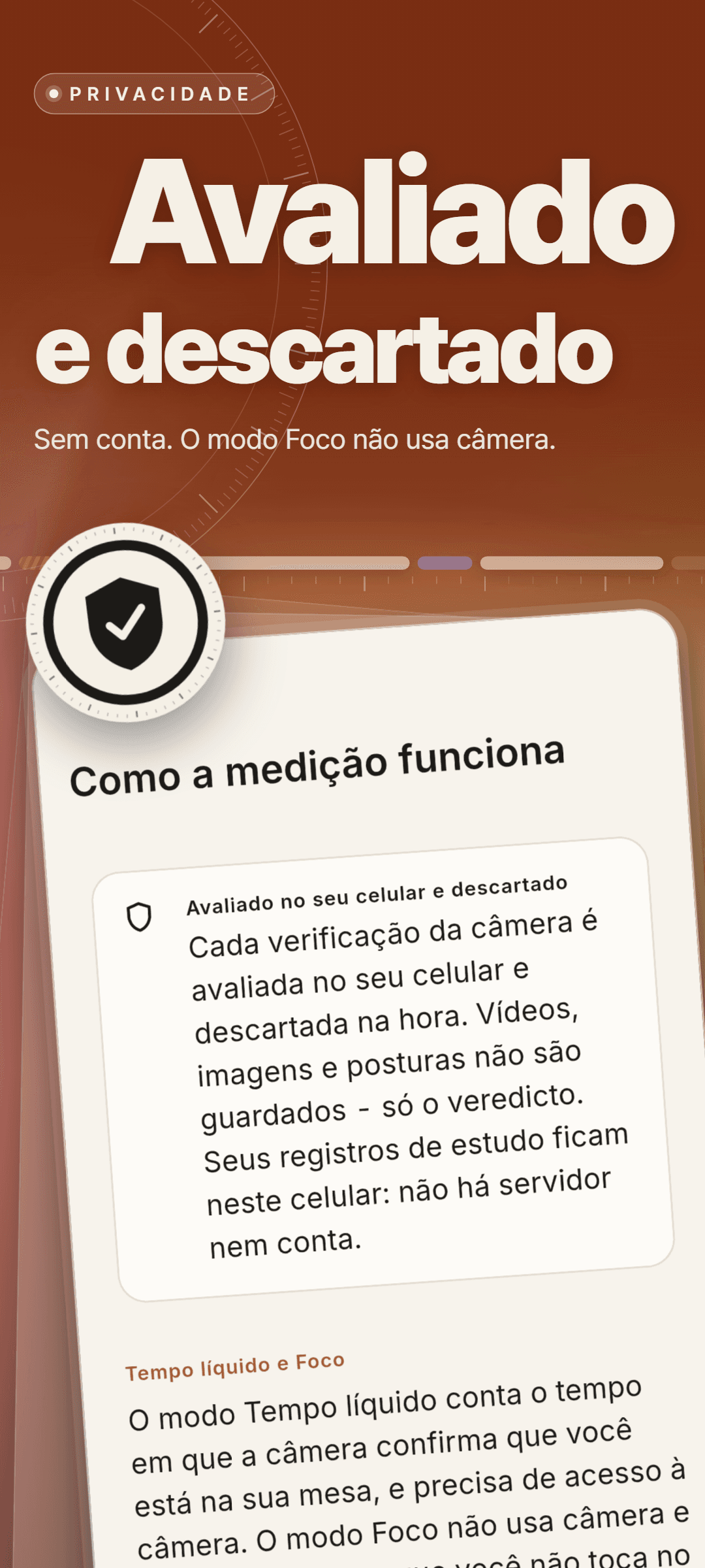 Como a medição funciona: um cartão explicando que cada verificação da câmera é avaliada no celular e descartada na hora, sem guardar vídeos, imagens ou posturas, seguido da diferença entre Tempo líquido e Foco