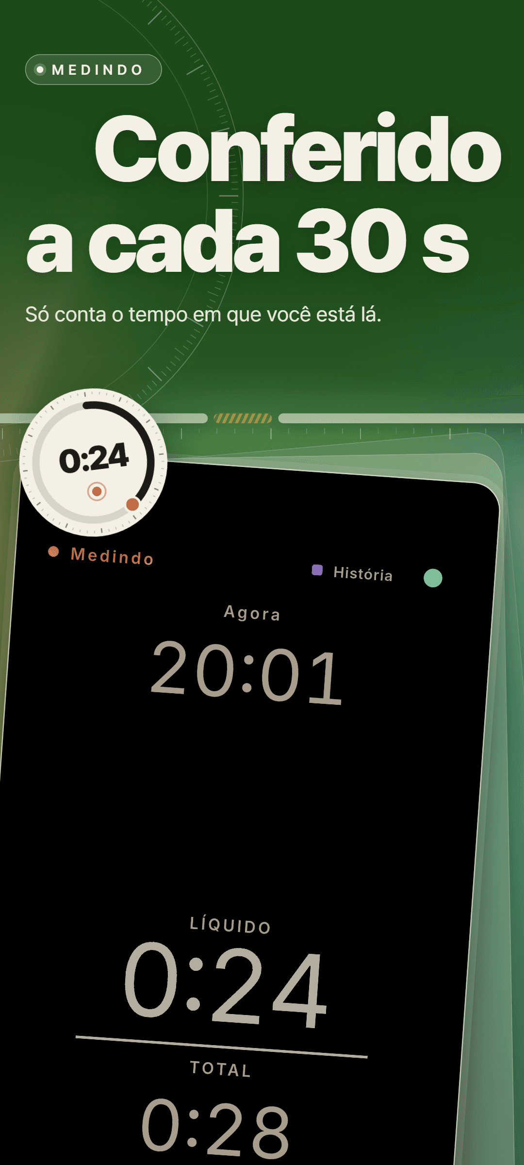 A tela de medição, sempre no tema escuro, com a hora atual, líquido 0:24 e total 0:28