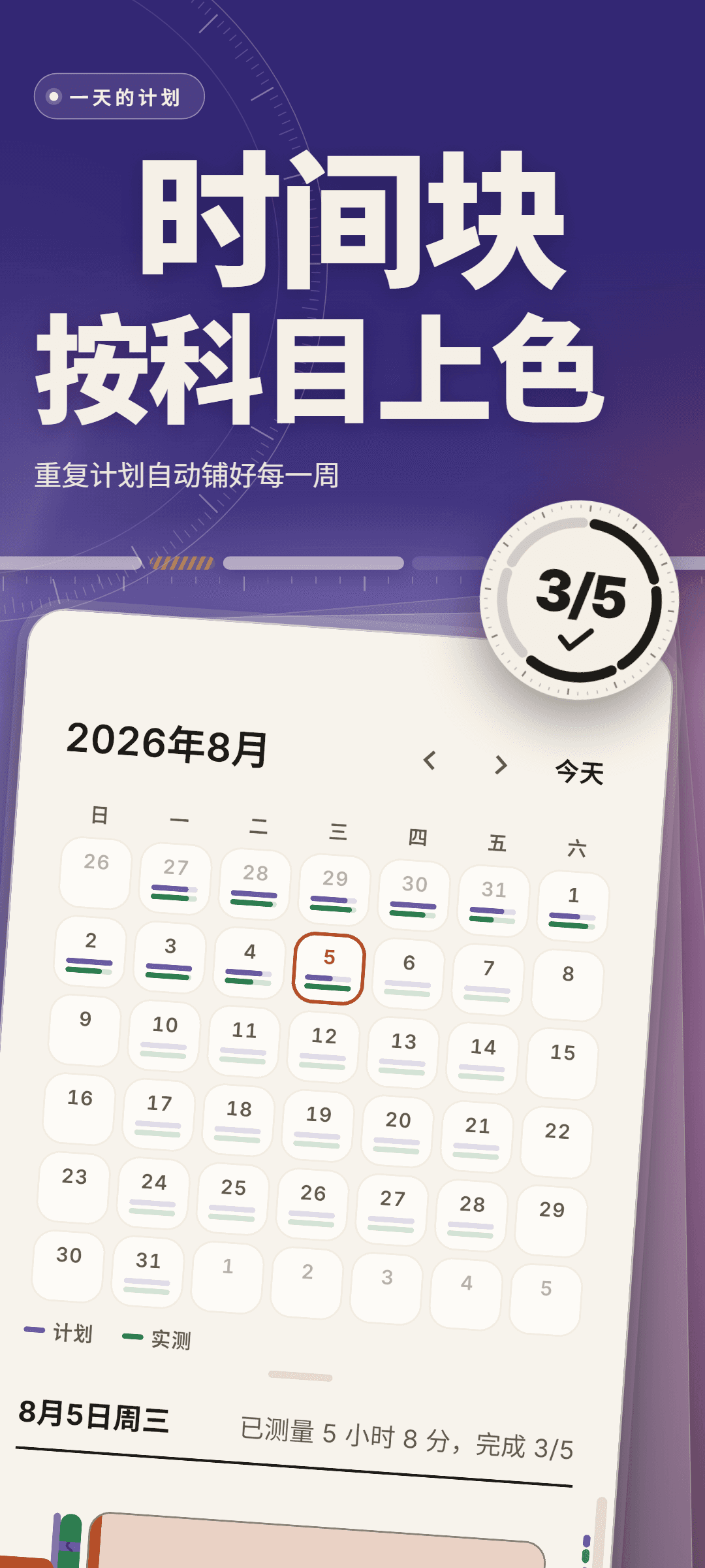 2026 年 8 月的日历，每天下方有计划与实测两条线，选中的 8月5日实测 5 小时 8 分，完成 3/5
