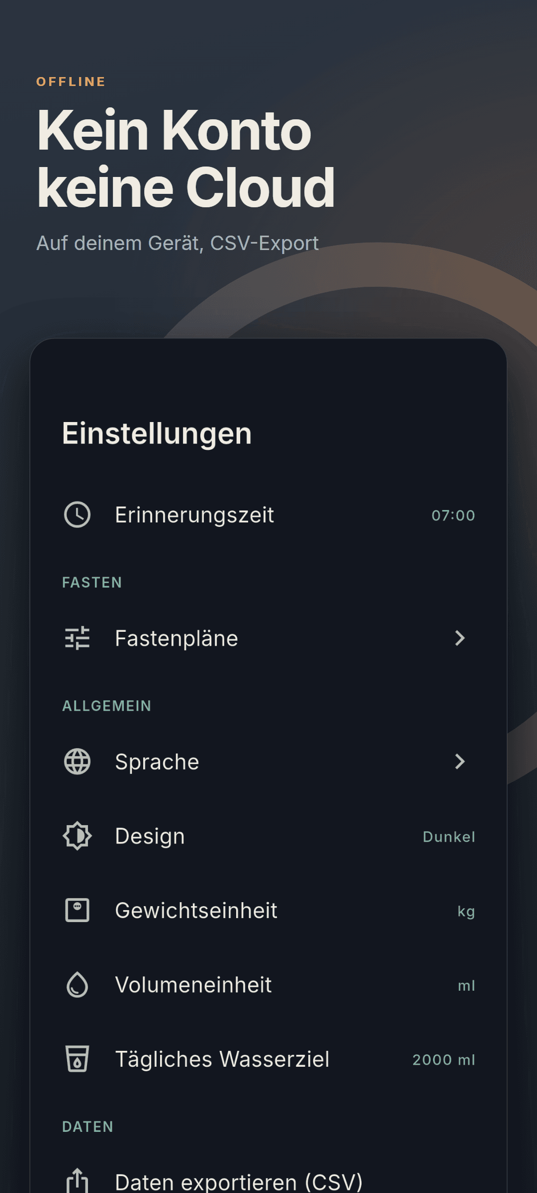 Einstellungen im dunklen Design mit Einheiten und dem CSV-Datenexport