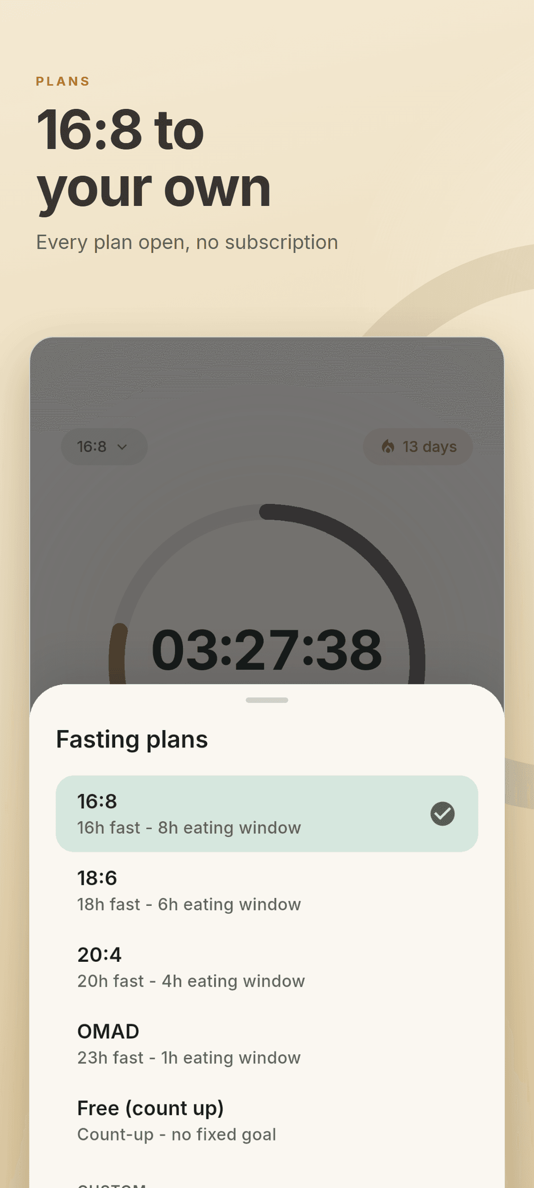 The fasting plans sheet with 16:8, 18:6, 20:4, OMAD, count-up and a custom 14:10 plan
