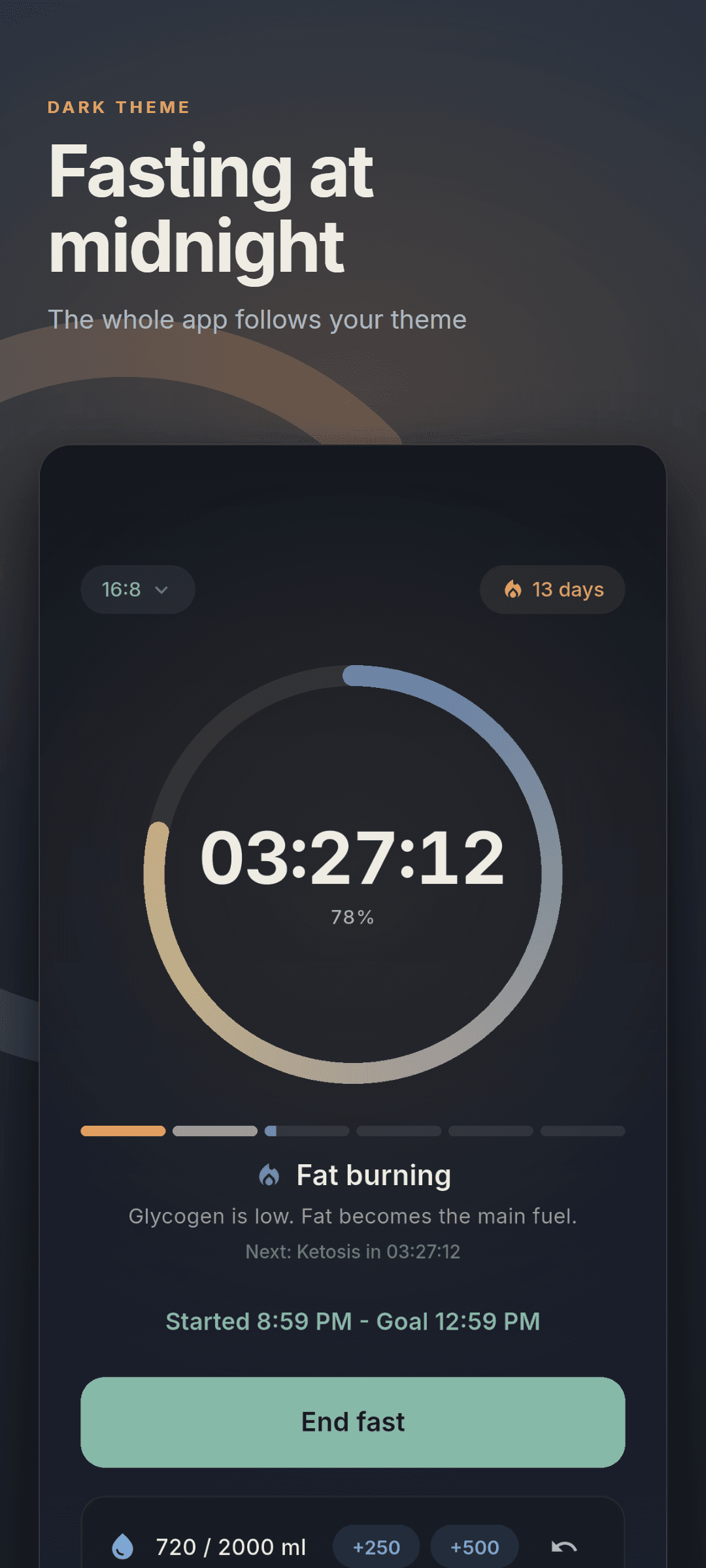 The same home screen in the dark theme, at night