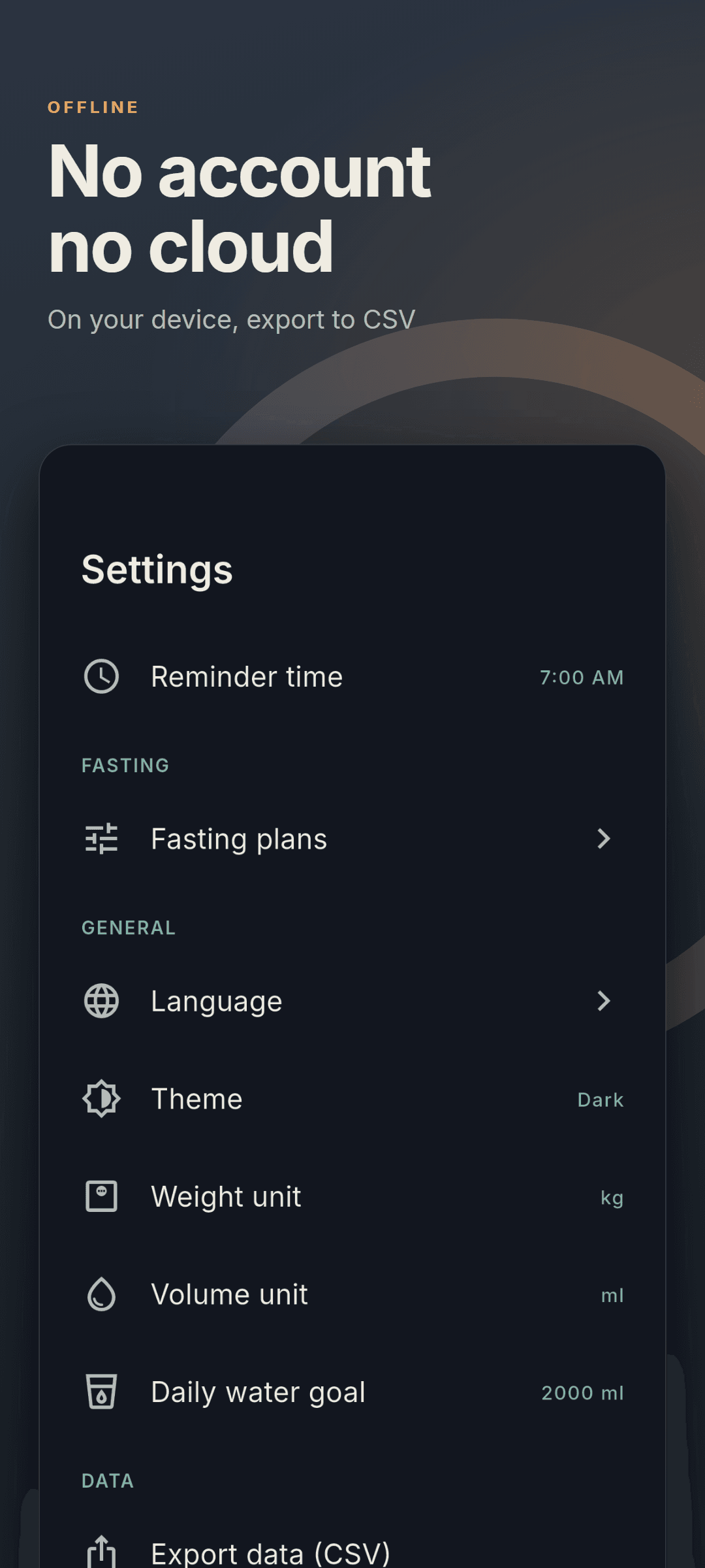 Settings in the dark theme, showing units and the CSV data export