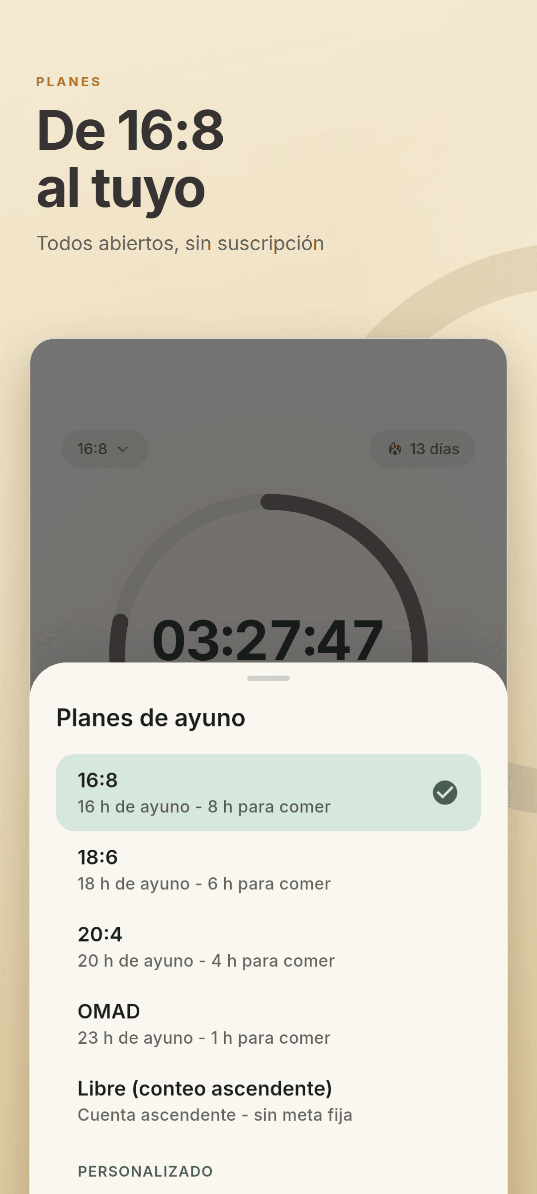 La hoja de planes con 16:8, 18:6, 20:4, OMAD, conteo ascendente y un plan propio 14:10