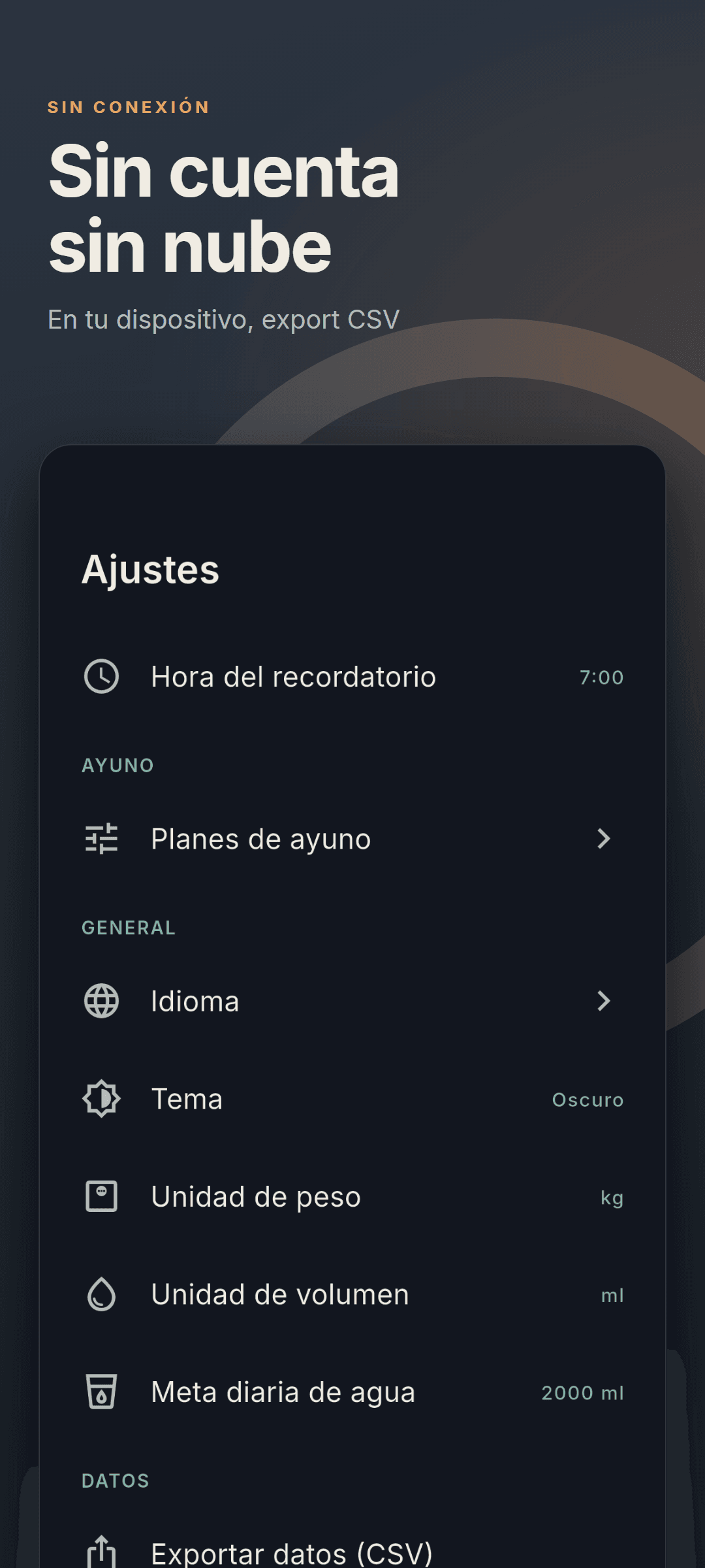 Ajustes en tema oscuro, con las unidades y la exportación de datos CSV