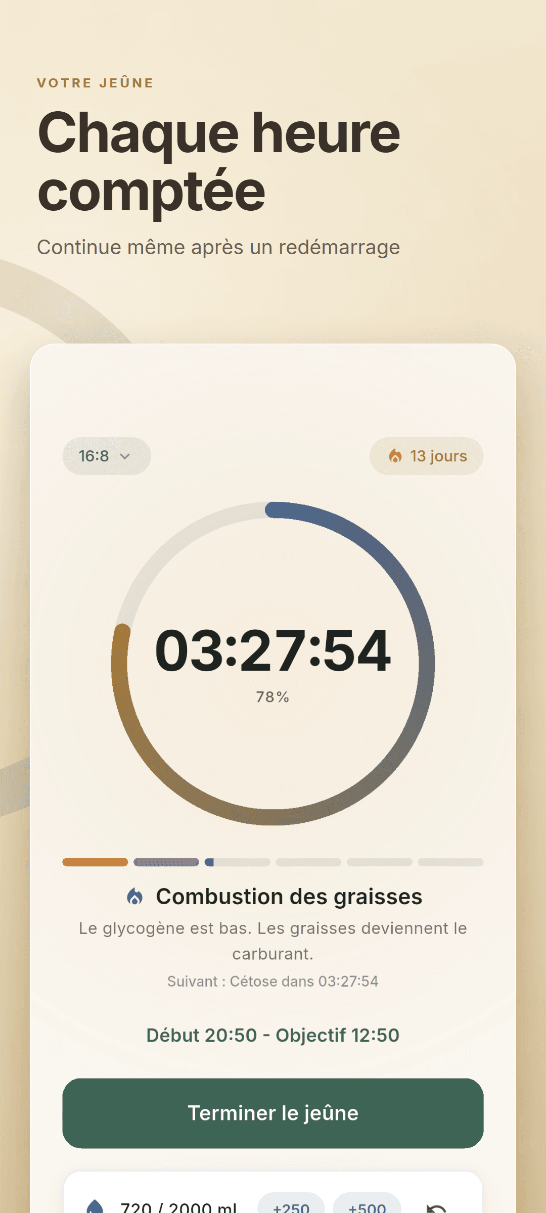 Écran d'accueil avec le compte à rebours circulaire indiquant 3 heures 27 minutes restantes sur un jeûne 16:8, une série de 13 jours et la phase de combustion des graisses