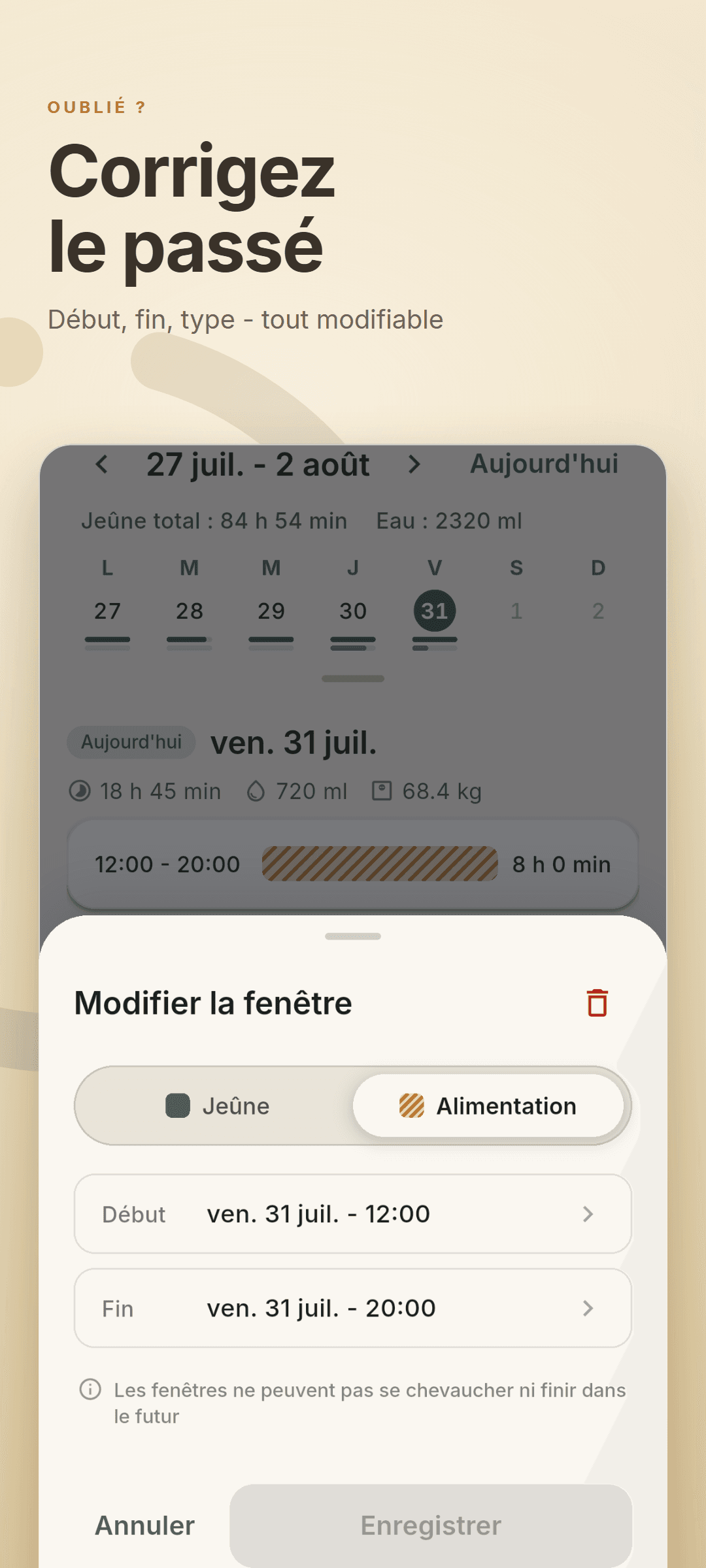 La fiche d'édition ouverte sur la timeline, avec le sélecteur jeûne/repas et les heures de début et de fin modifiables
