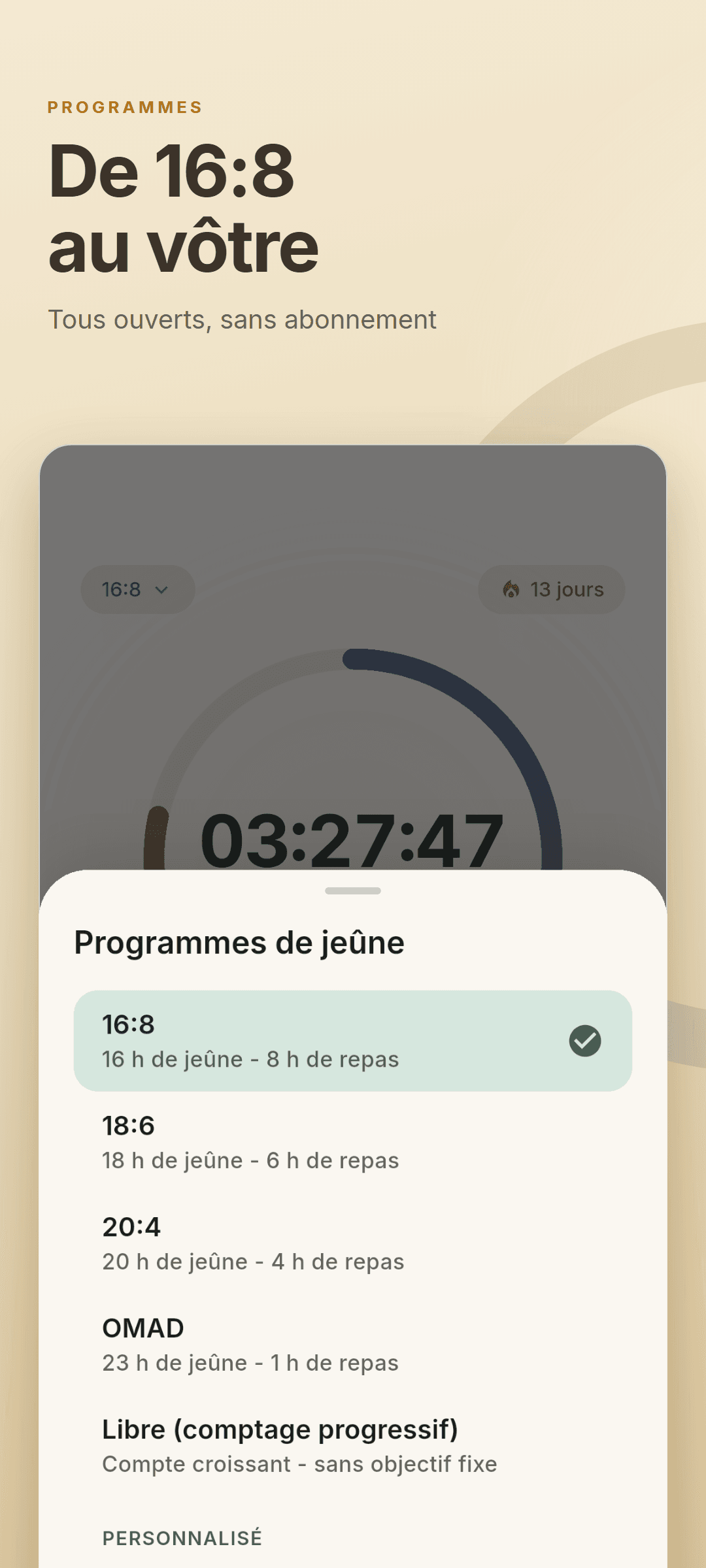 La fiche des programmes avec 16:8, 18:6, 20:4, OMAD, décompte croissant et un programme personnalisé 14:10
