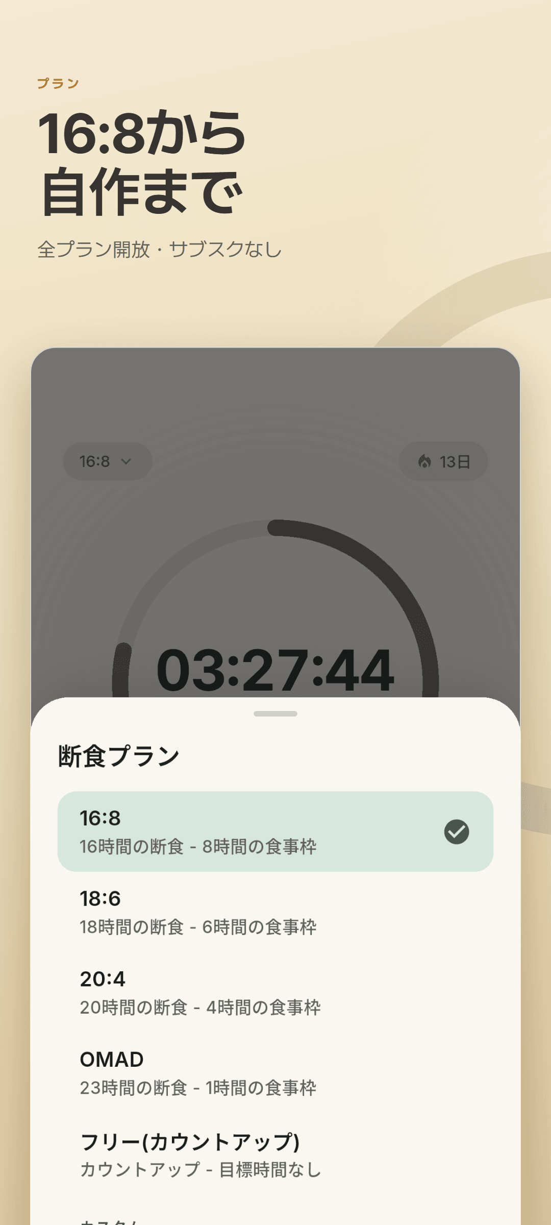 16:8、18:6、20:4、OMAD、カウントアップとカスタム 14:10 が並ぶ断食プランのシート