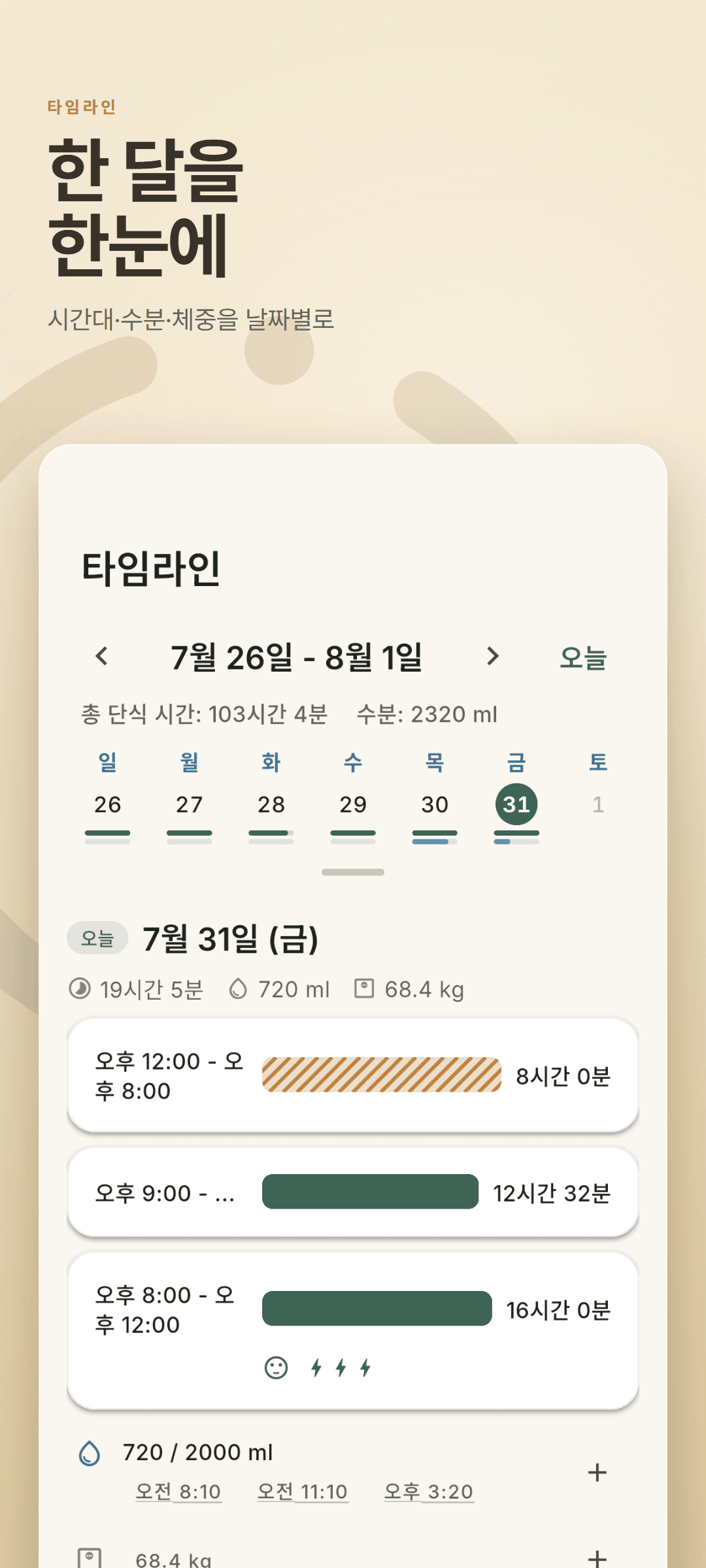 주간 달력과 그 날의 시간대·수분·체중을 보여 주는 타임라인 탭