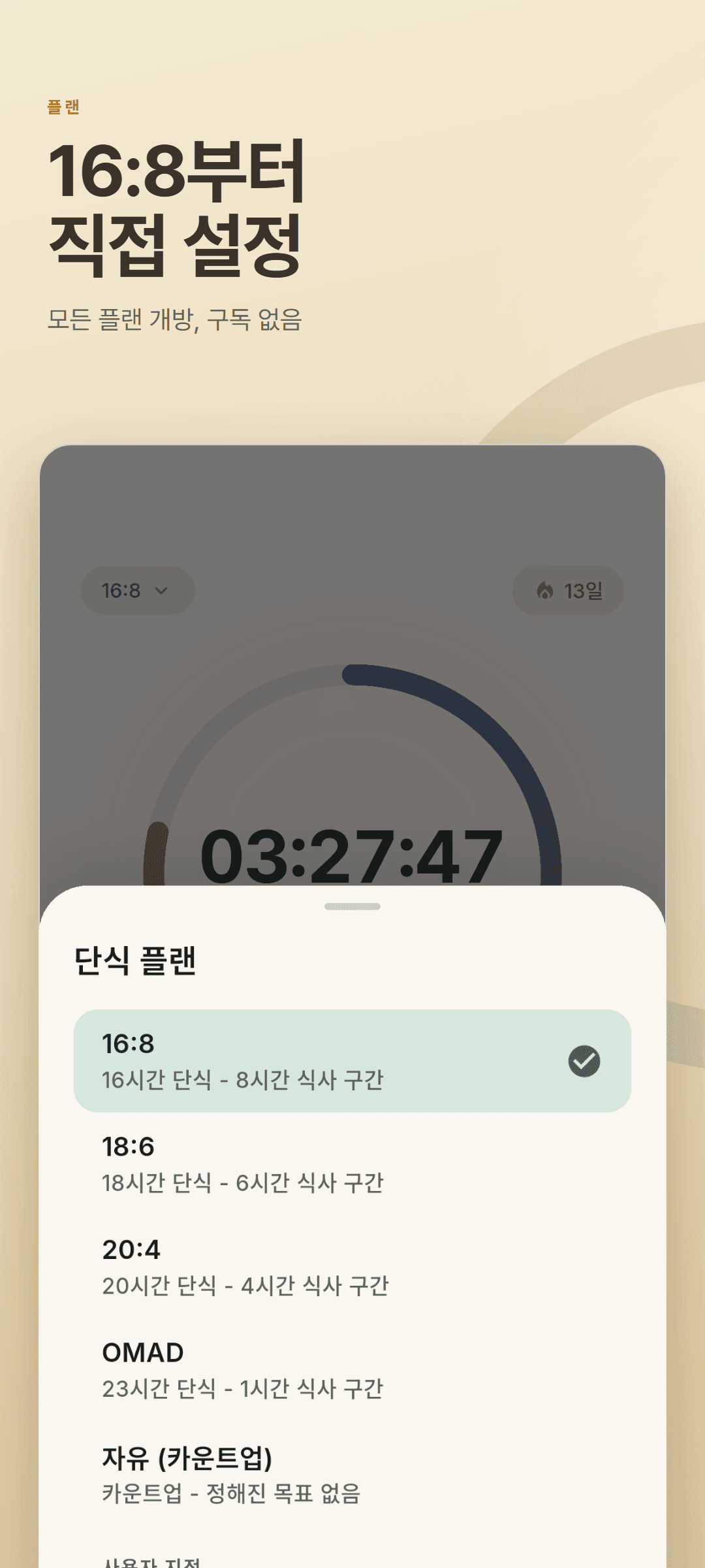16:8, 18:6, 20:4, OMAD, 카운트업과 커스텀 14:10 플랜이 있는 단식 플랜 시트