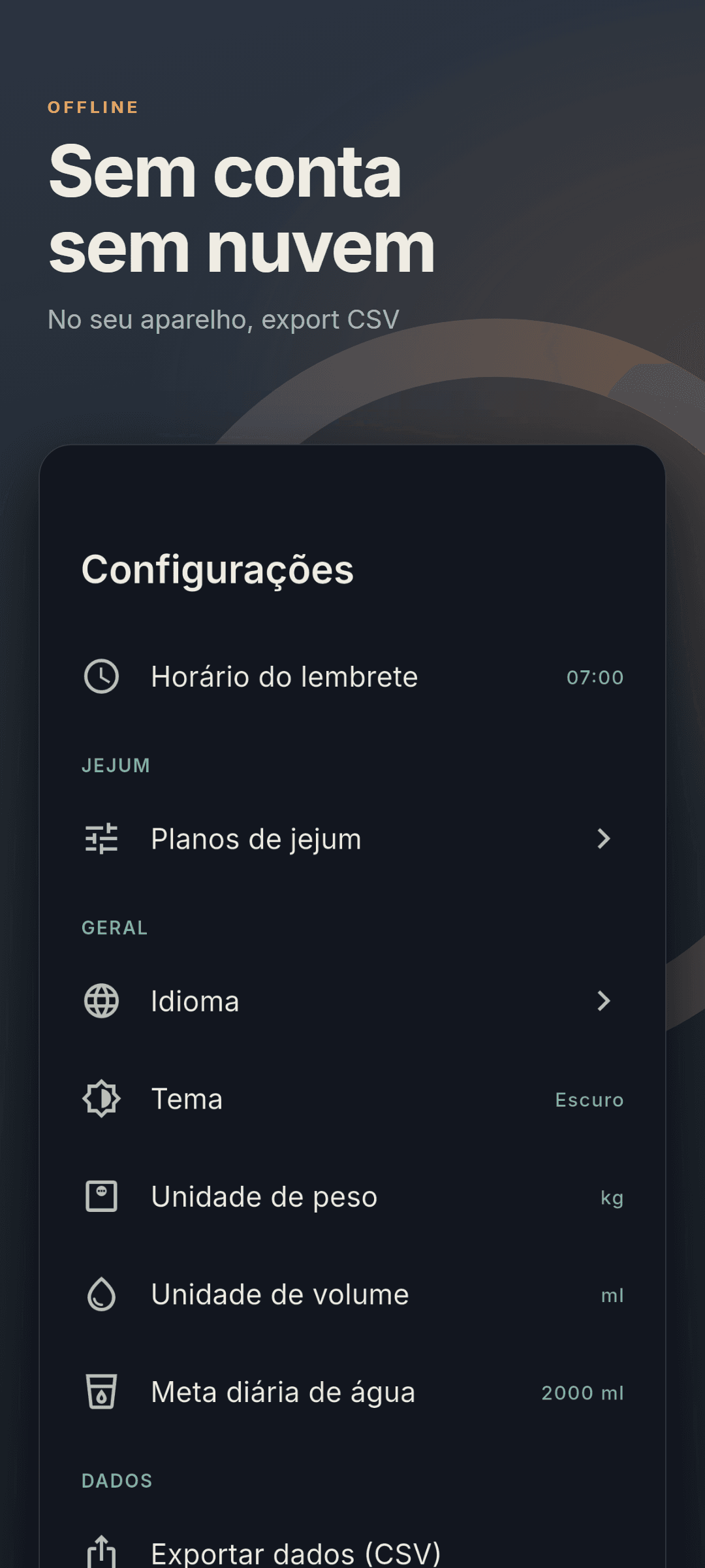 Configurações no tema escuro, com as unidades e a exportação de dados CSV