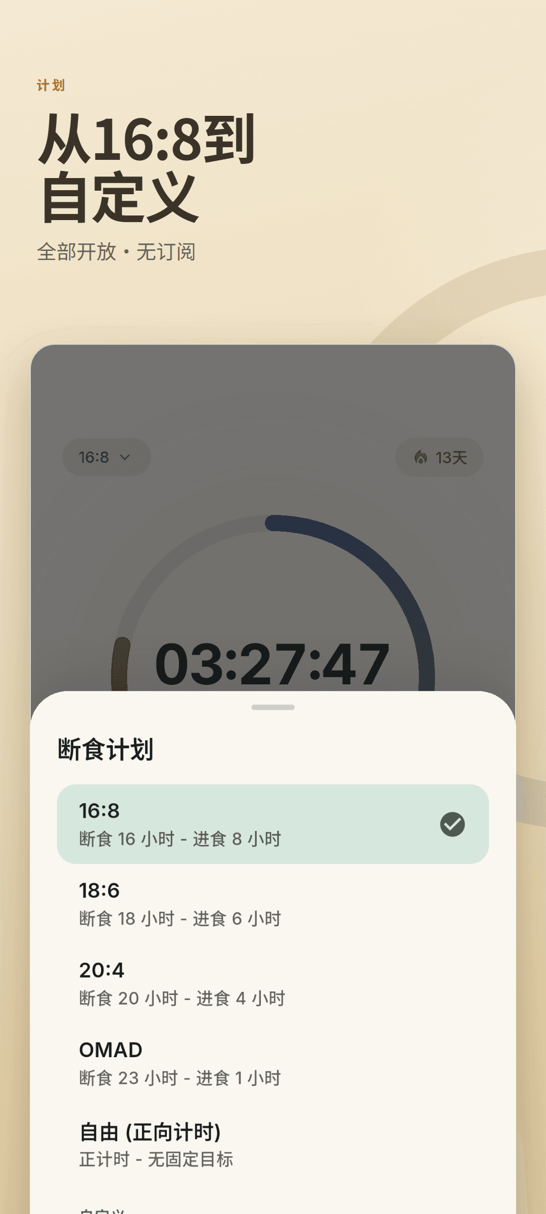 断食计划面板,含 16:8、18:6、20:4、OMAD、正计时以及自定义的 14:10 计划