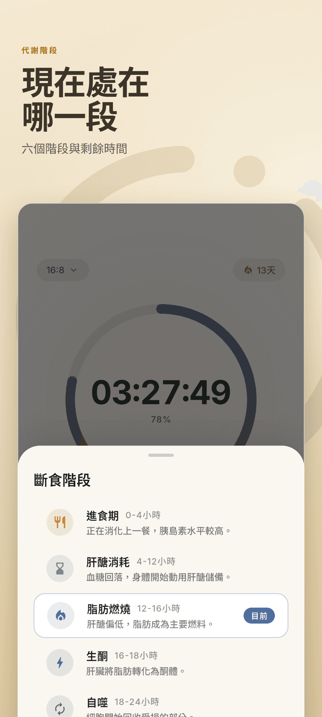 斷食階段面板,列出全部六個階段並標出目前階段