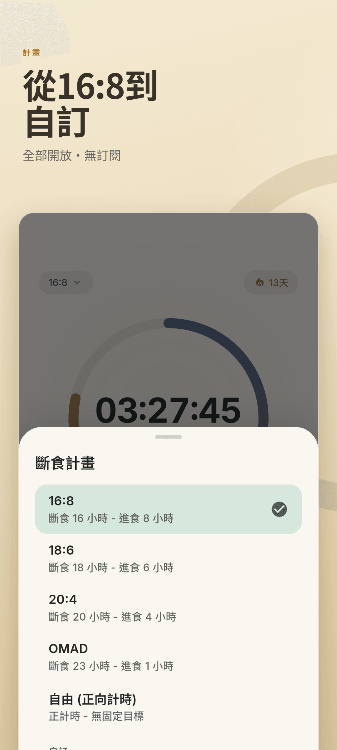 斷食計畫面板,含 16:8、18:6、20:4、OMAD、正計時以及自訂的 14:10 計畫