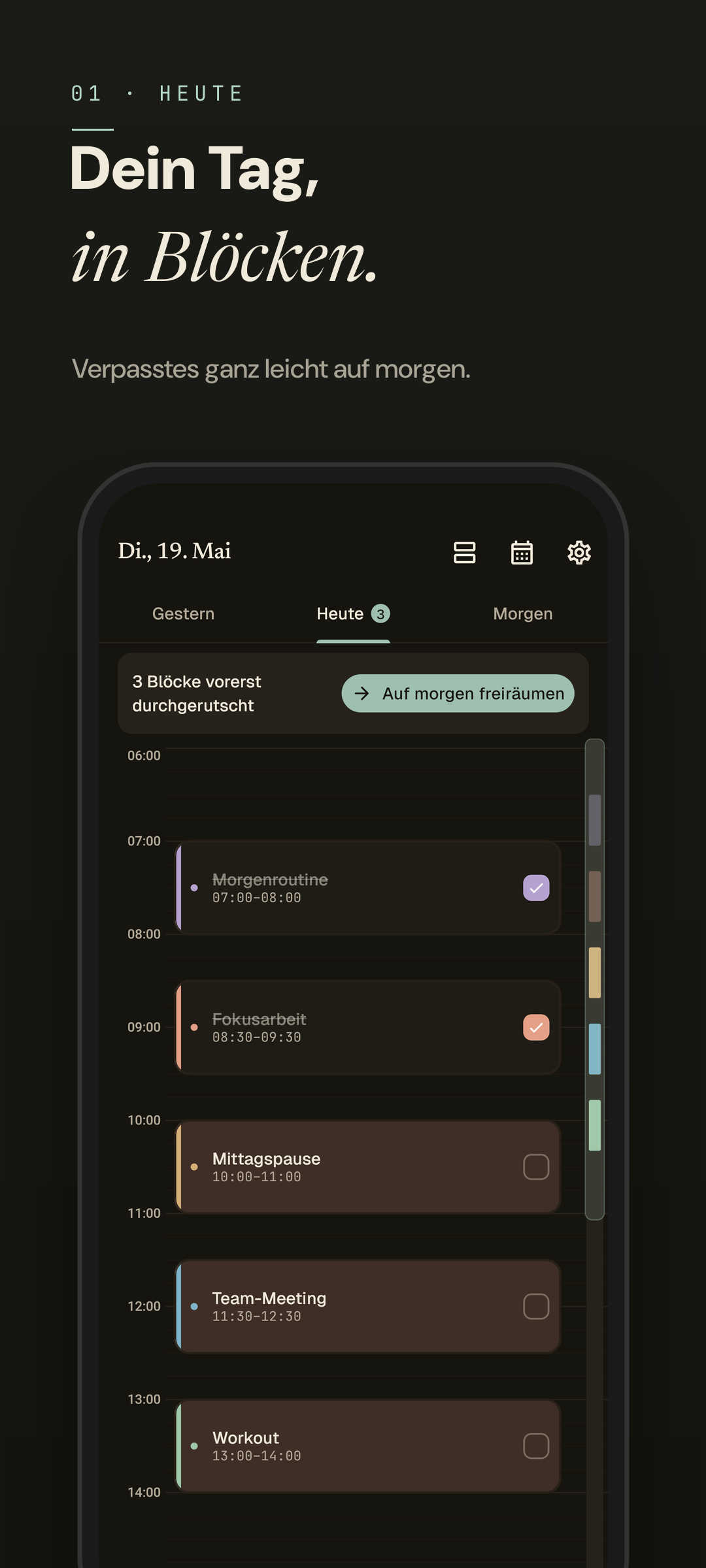 Easeline Zeitleiste — dieselbe Tageszeitleiste im ruhigen Dark Mode