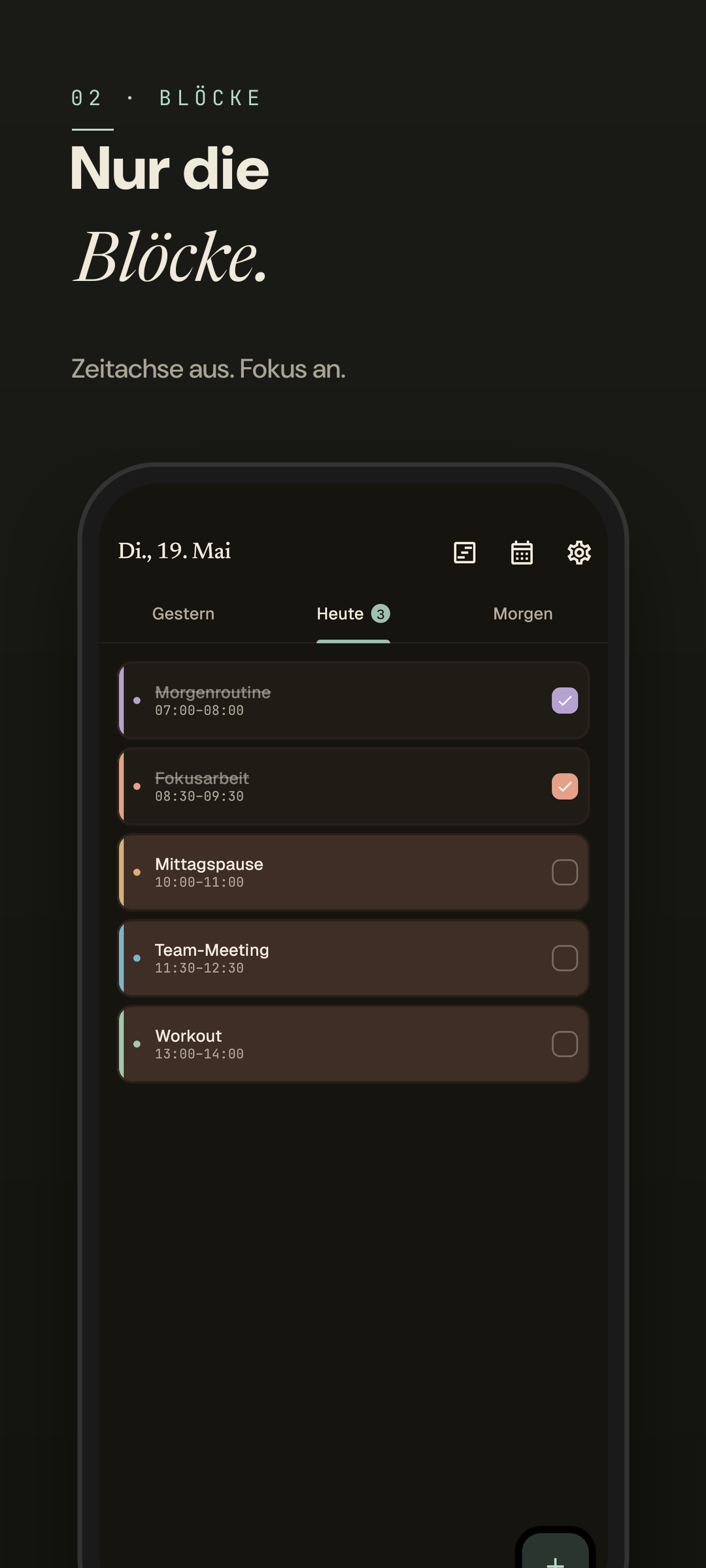 Easeline Blockmodus — derselbe Block-Picker im Dark Mode