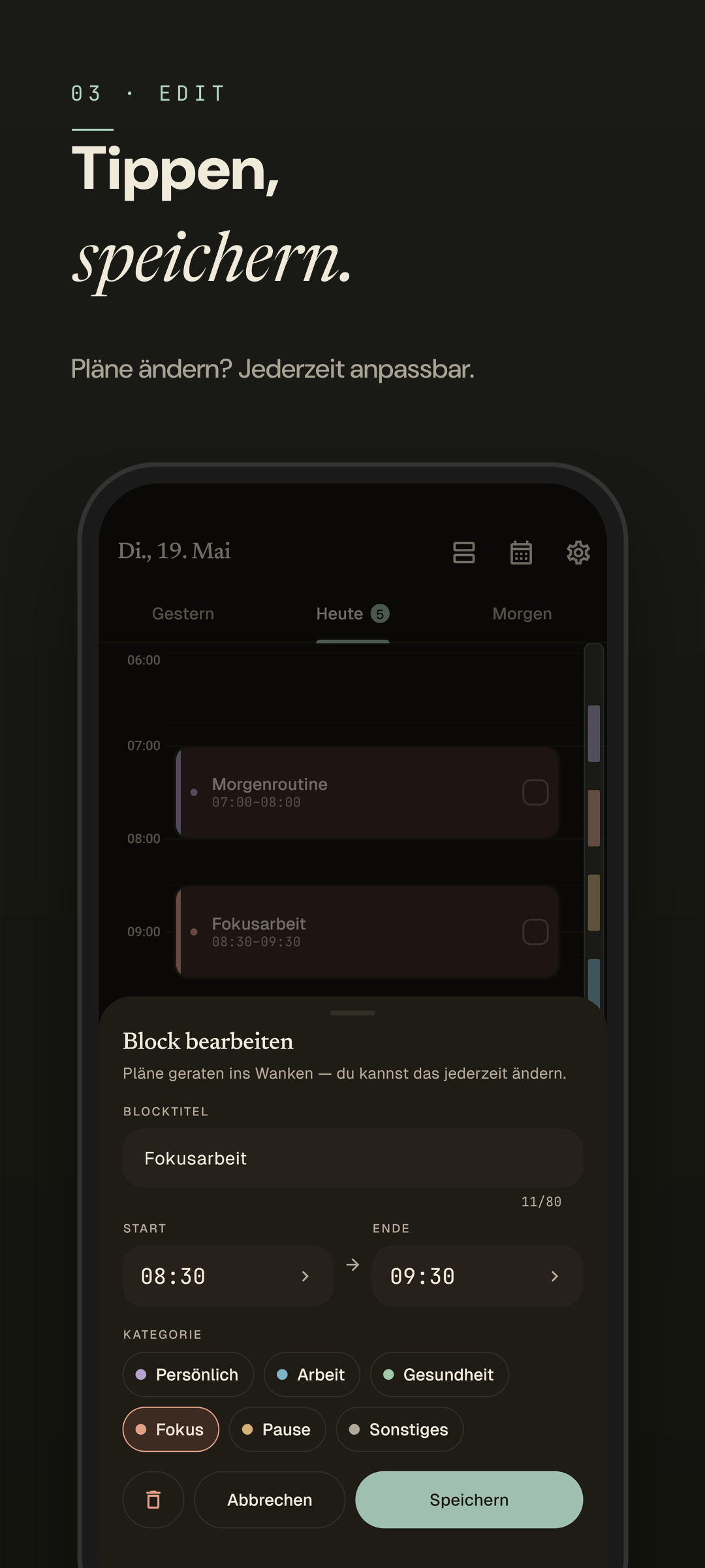 Easeline Block-Editor — derselbe Editor im Dark Mode