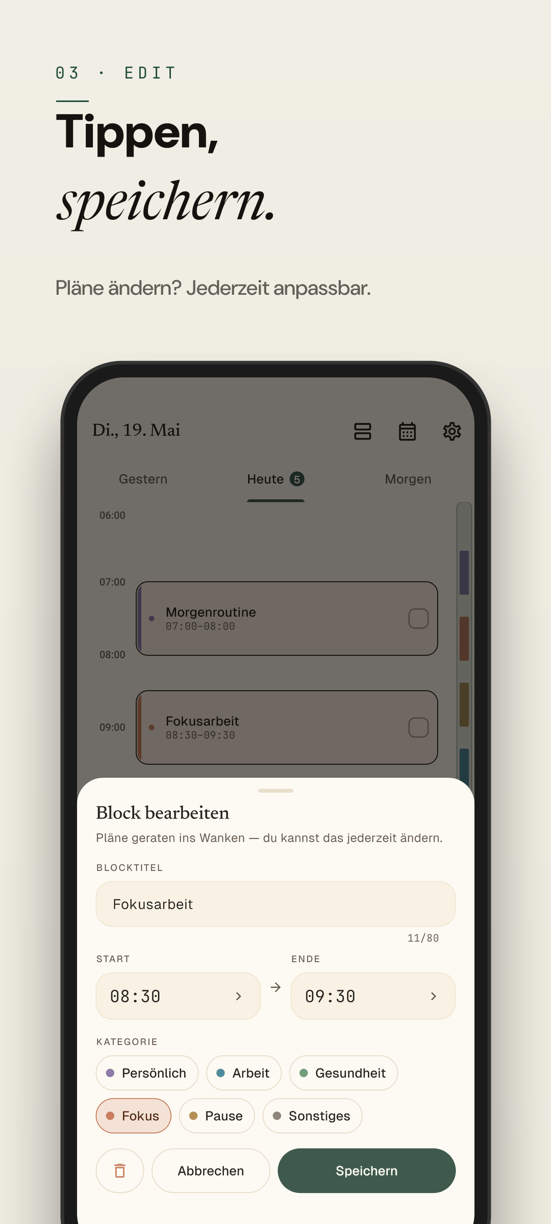 Easeline Block-Editor — Zeit, Dauer und Bezeichnung eines Blocks anpassen (helles Theme)
