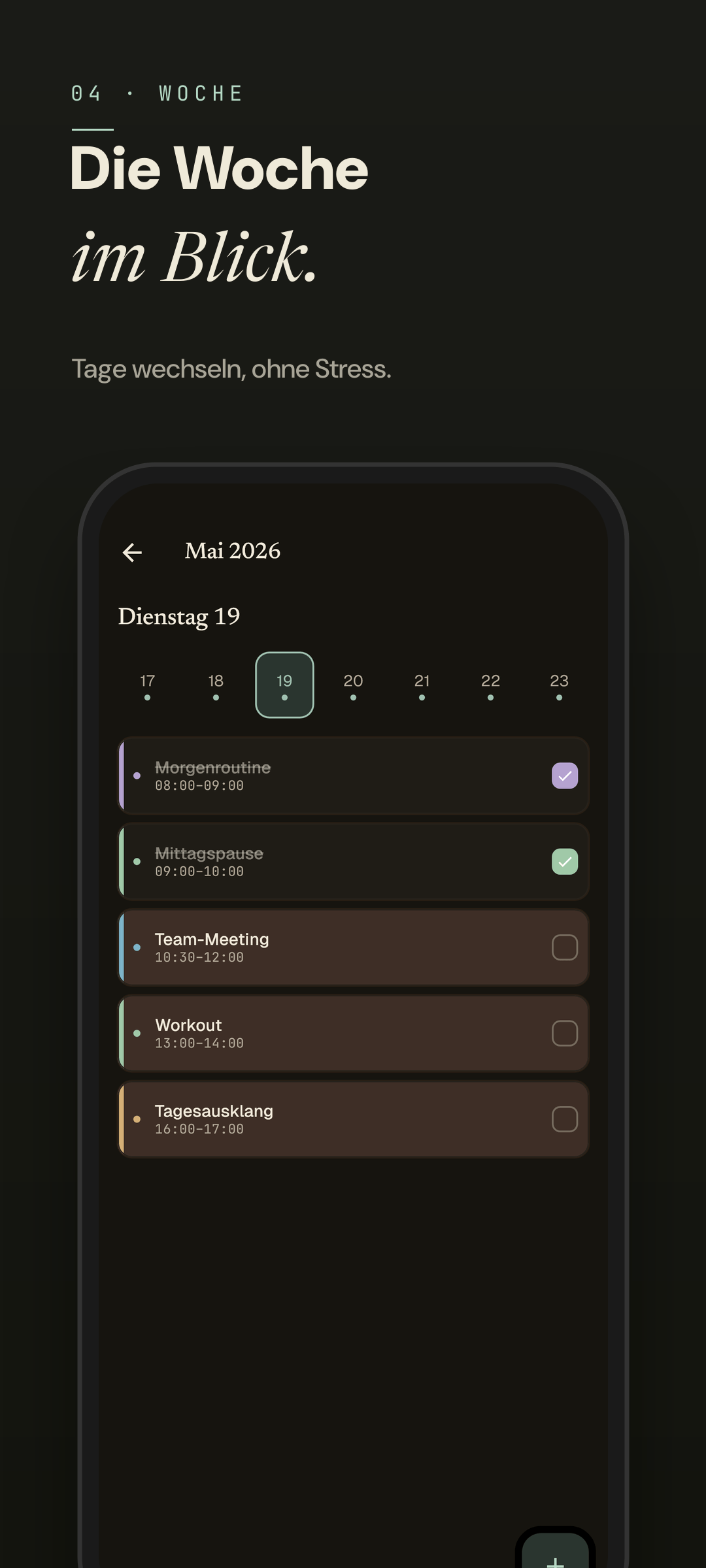 Easeline Wochenansicht — dieselbe Wochenübersicht im Dark Mode