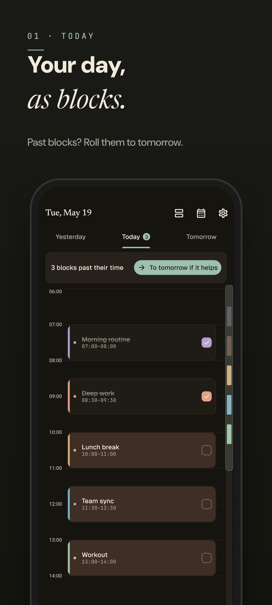 Easeline timeline — the same day timeline rendered in calm dark mode