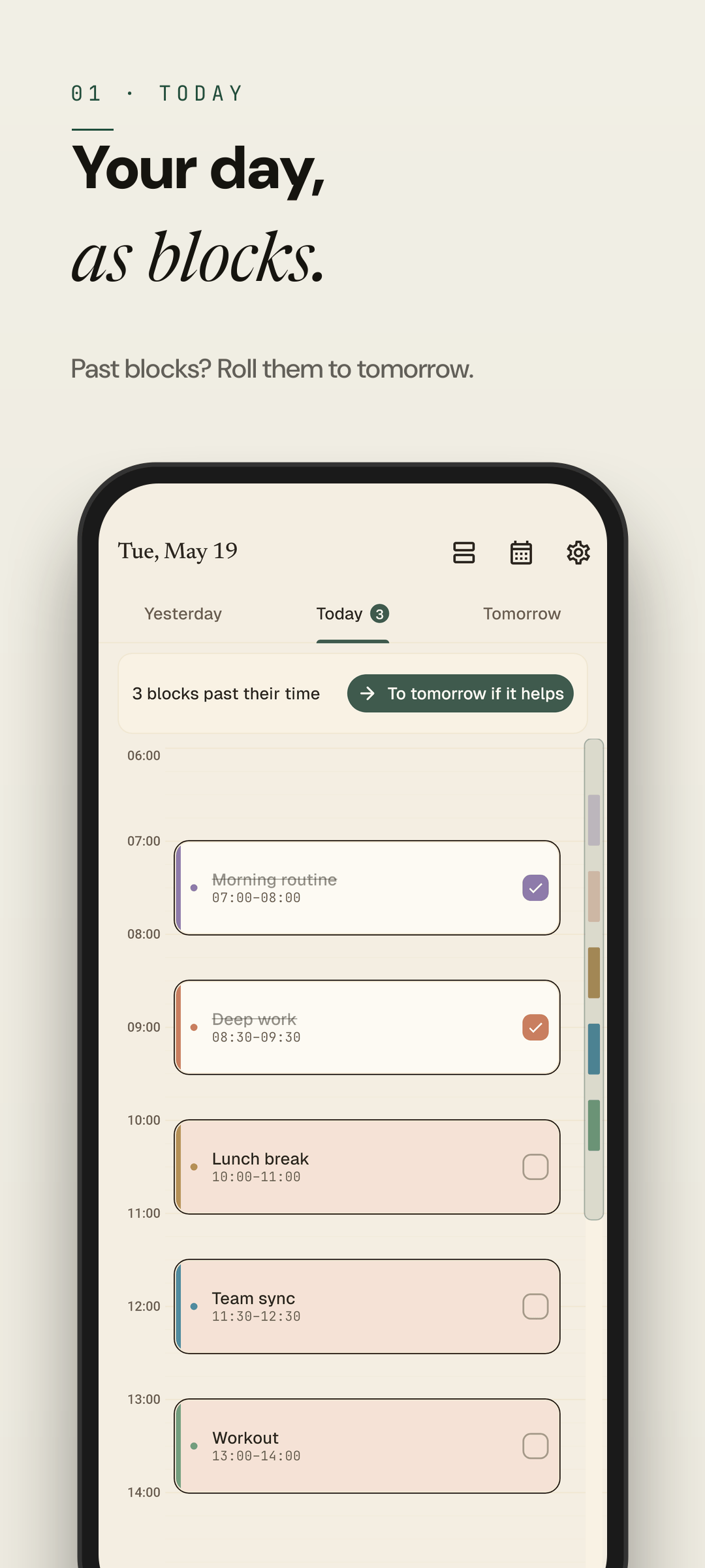 Easeline timeline — vertical day timeline from 6 AM to 11 PM with colored time blocks (light theme)