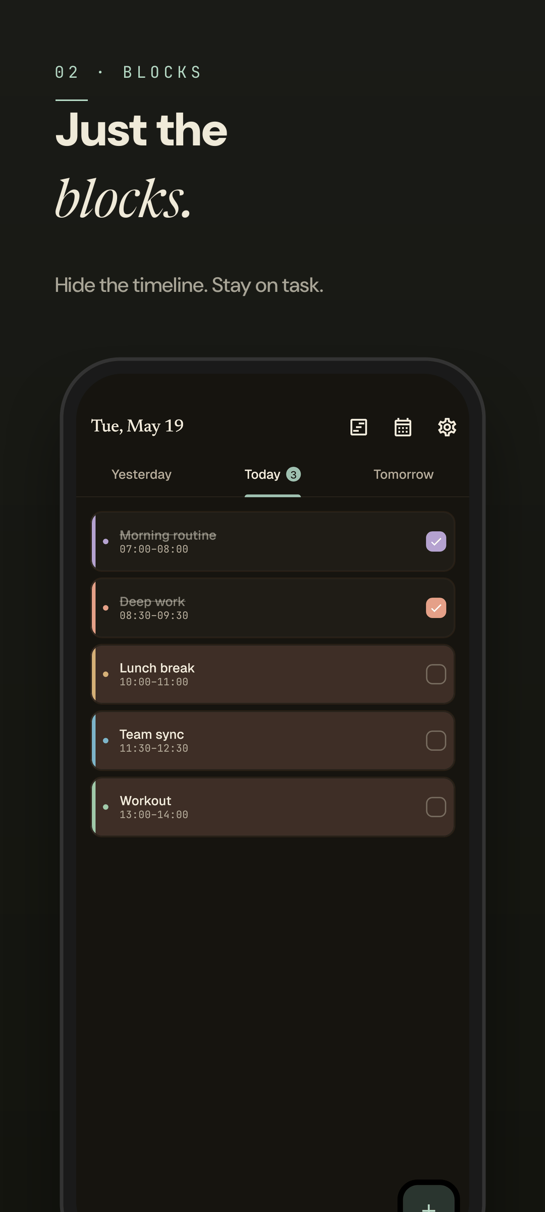 Easeline block mode — same block picker rendered in dark mode