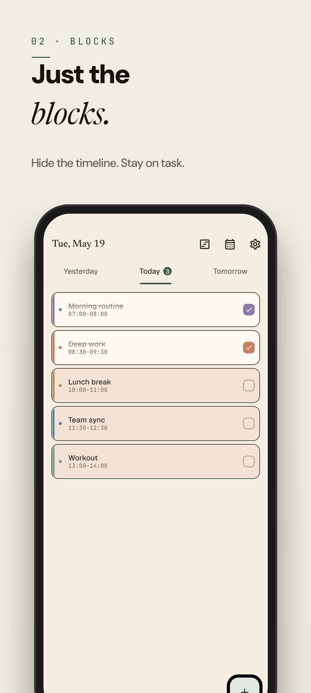 Easeline block mode — picking a time slot and color category for a new block (light theme)