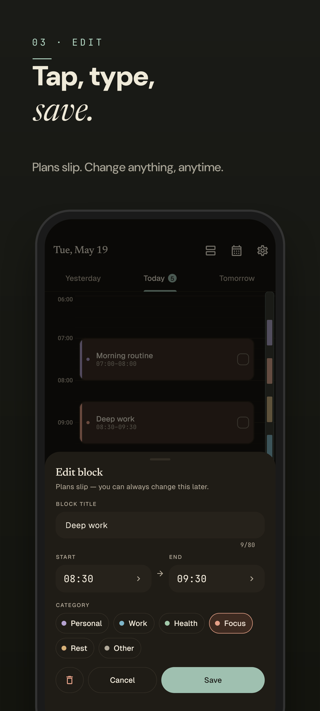 Easeline block editor — same editor rendered in dark mode