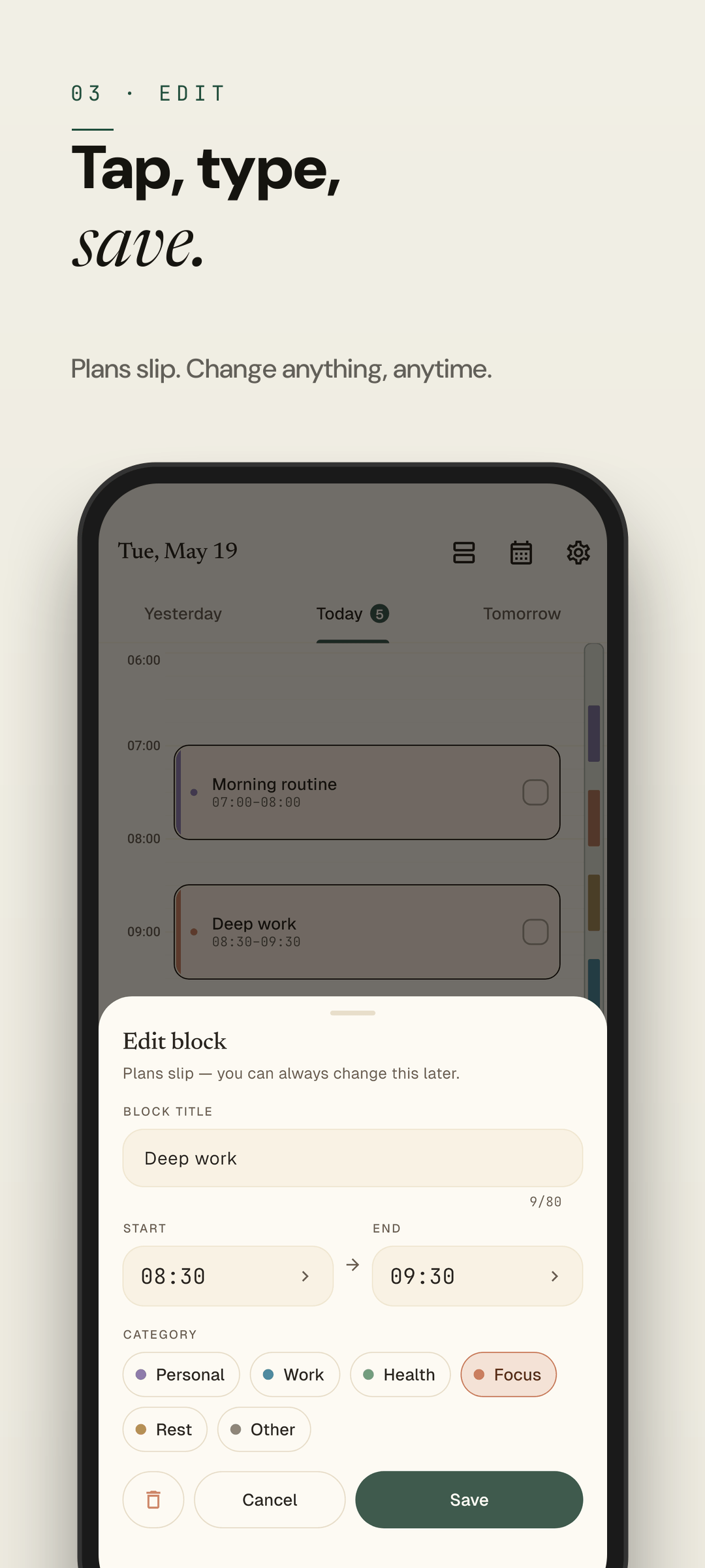 Easeline block editor — adjusting a block's time, duration, and label (light theme)