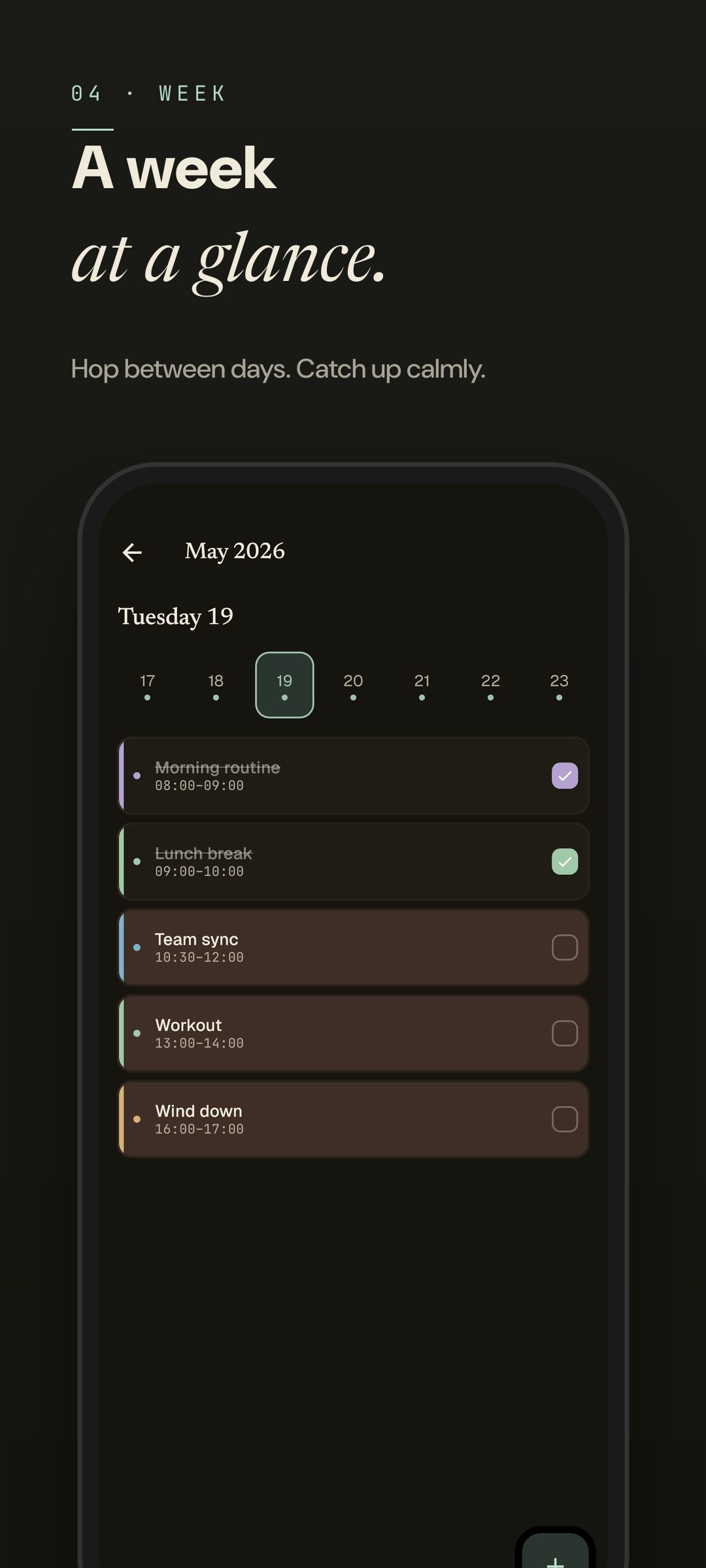 Easeline week view — same week glance rendered in dark mode