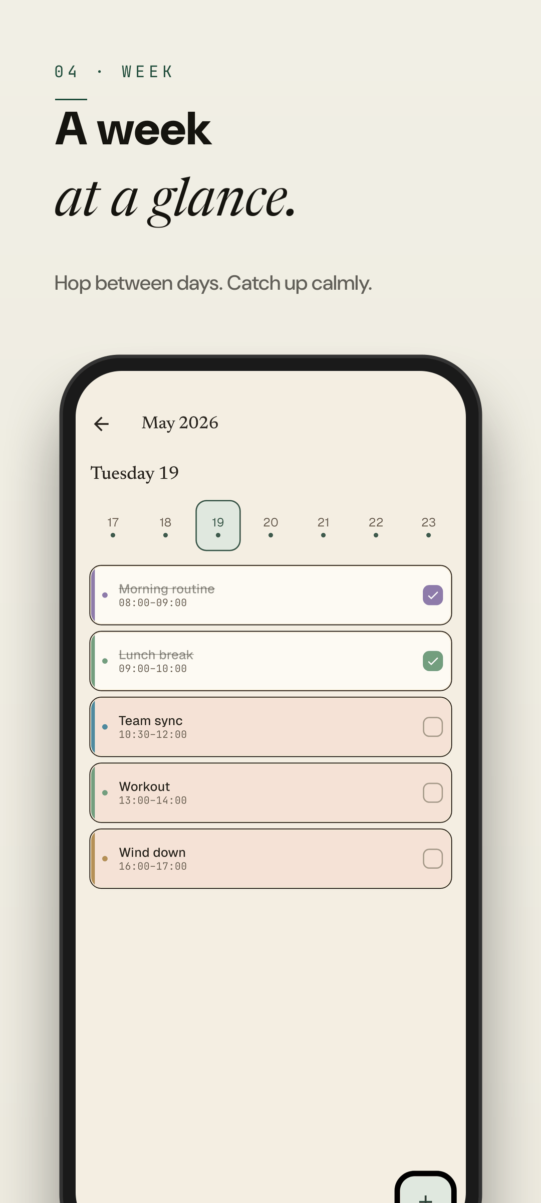 Easeline week view — a glance at all upcoming days as compact timelines (light theme)