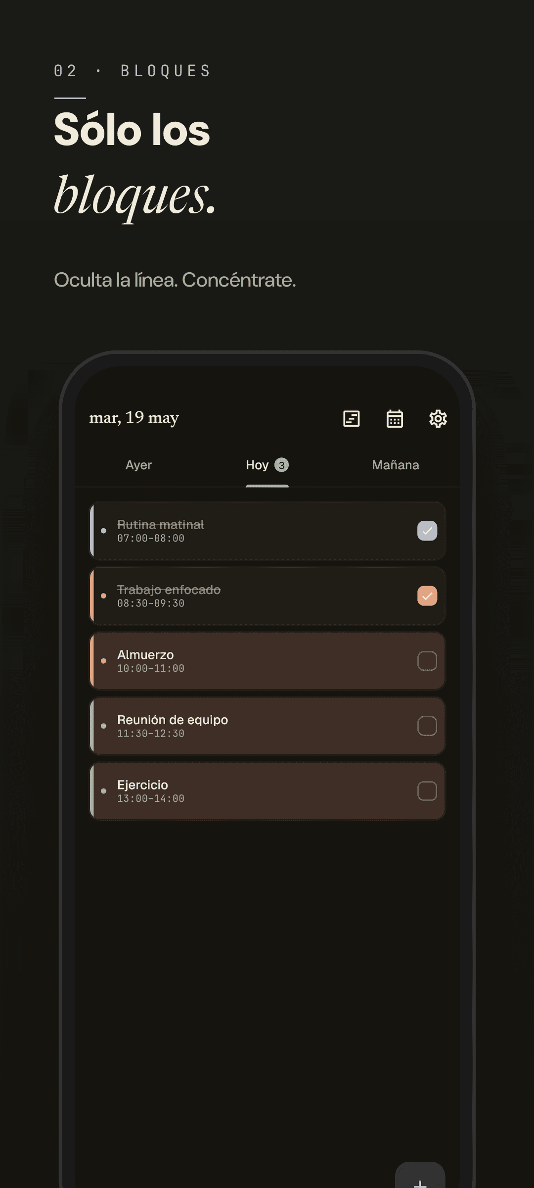 Easeline modo bloque — mismo selector de bloque en modo oscuro