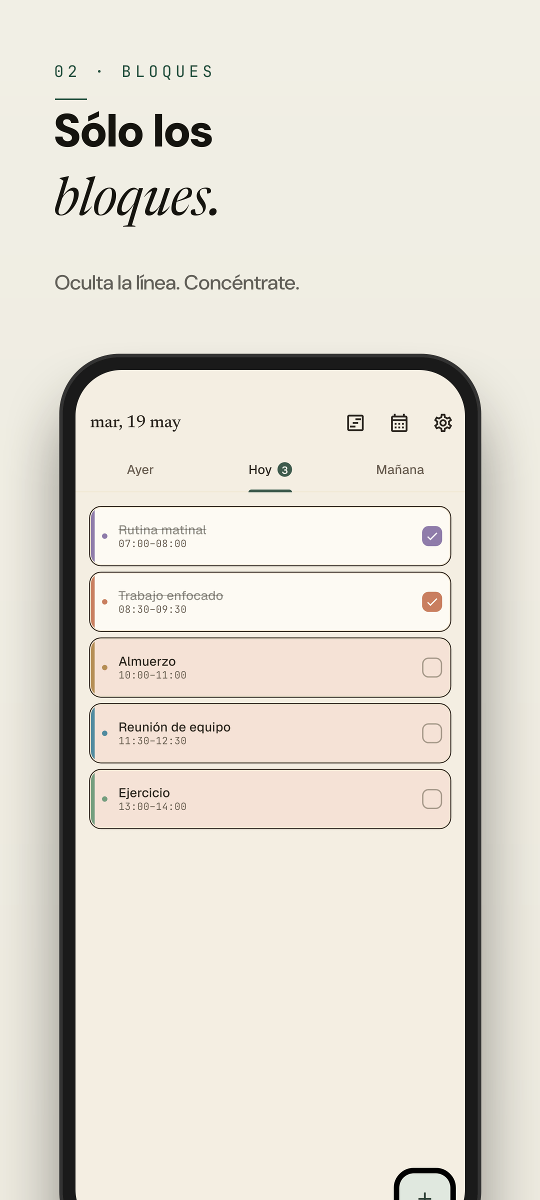 Easeline modo bloque — eligiendo la franja horaria y el color de categoría para un nuevo bloque (tema claro)