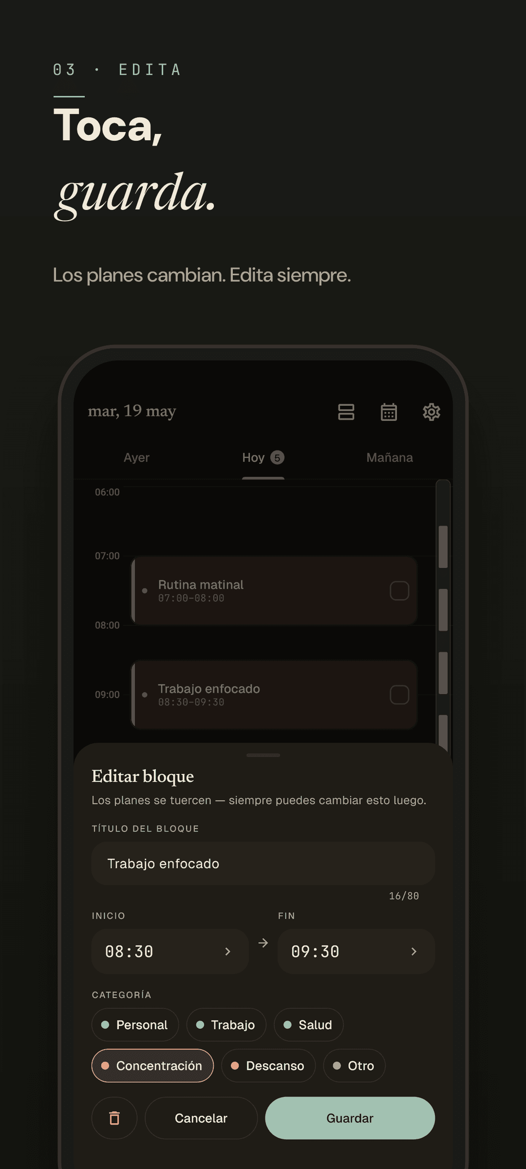 Easeline editor de bloque — mismo editor en modo oscuro