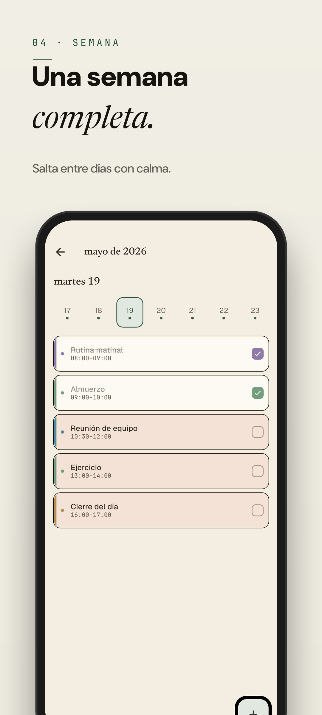 Easeline vista semanal — un vistazo a todos los días próximos como líneas compactas (tema claro)