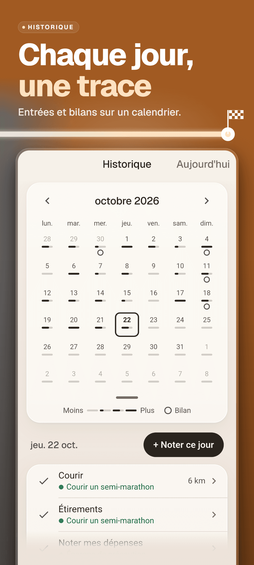 Le calendrier de l'historique : la quantité d'entrées de chaque jour et des anneaux les jours de bilan, avec les entrées du jour choisi en dessous