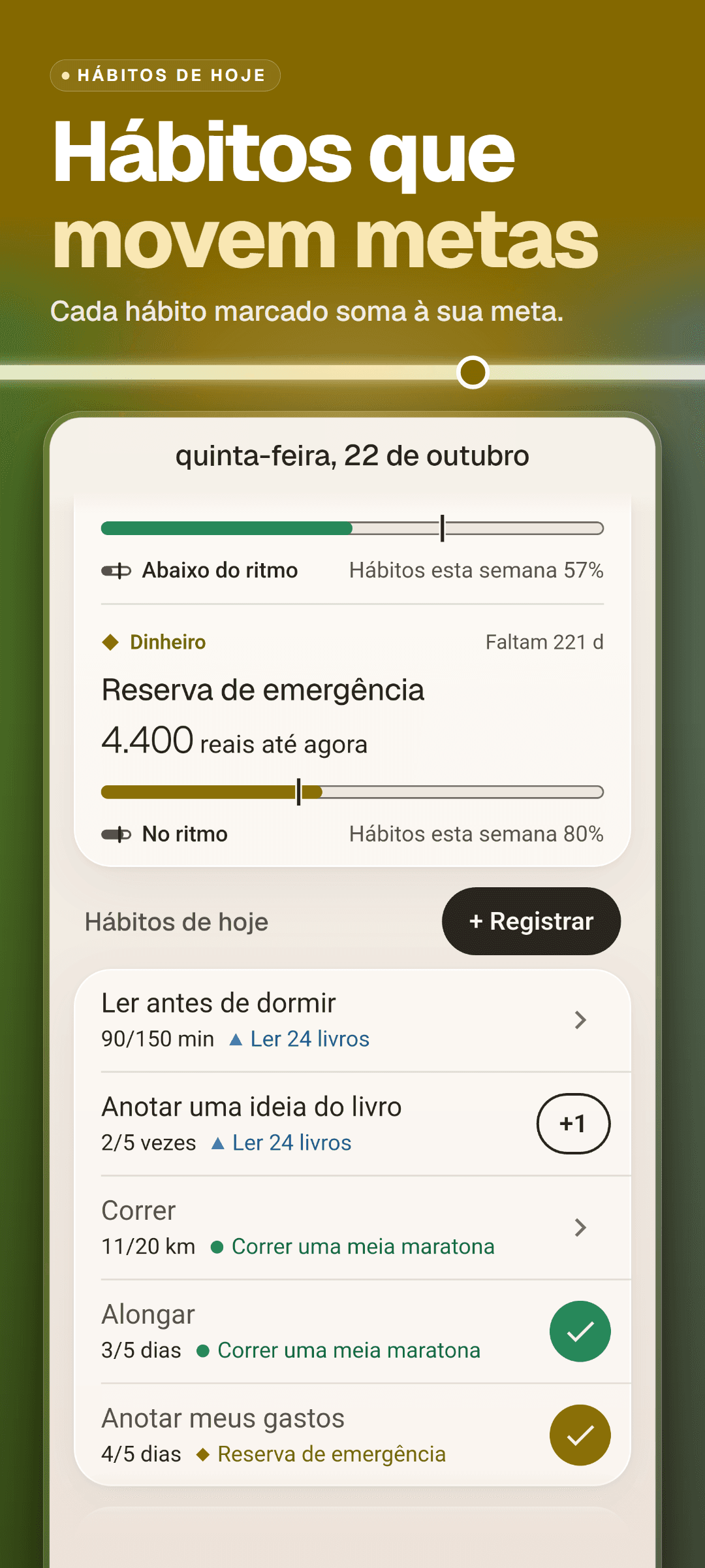 Os hábitos de hoje na tela Início: cada hábito com seu avanço rumo à meta semanal e a meta a que está vinculado, abaixo de cartões de meta com a taxa de hábitos da semana