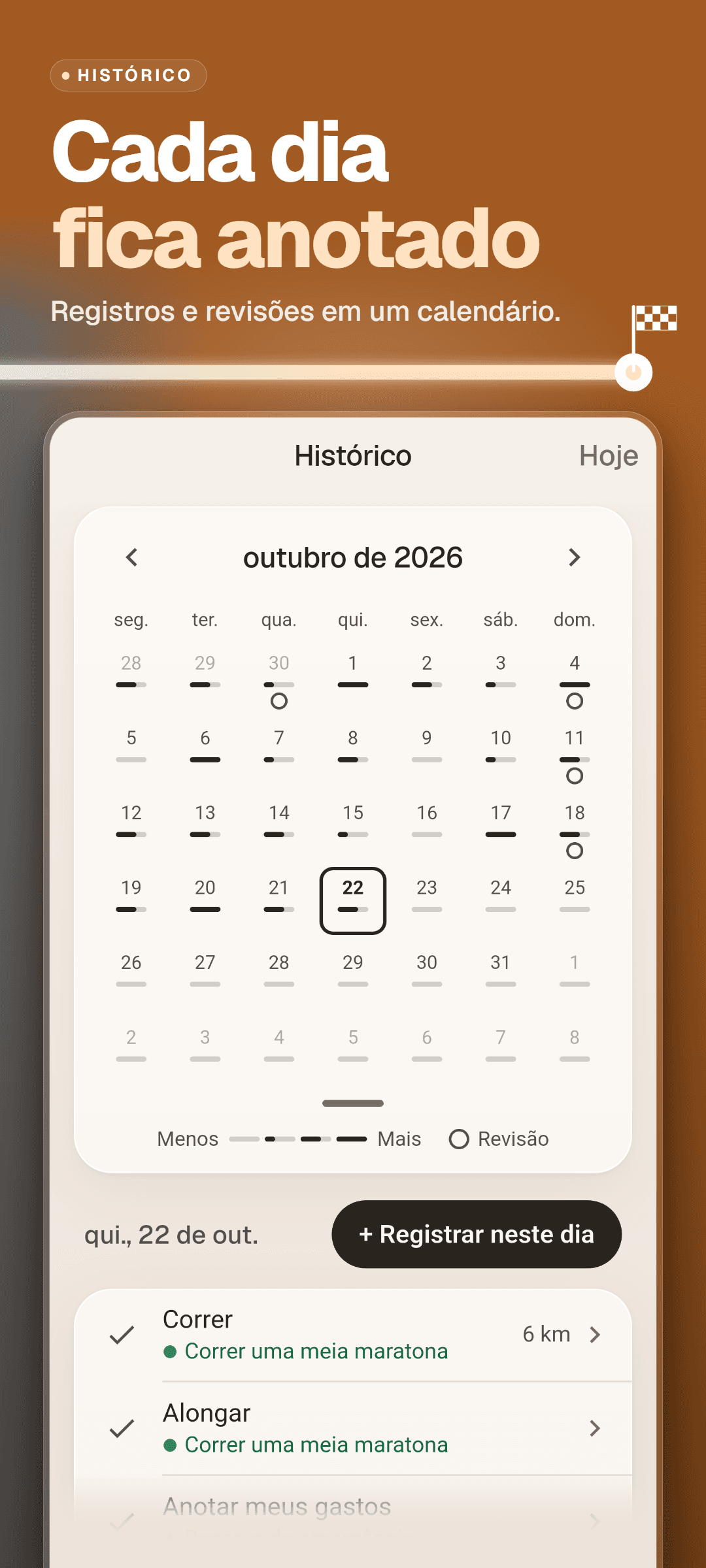 O calendário do histórico: quanto foi registrado em cada dia e anéis nos dias de revisão, com os registros do dia escolhido abaixo