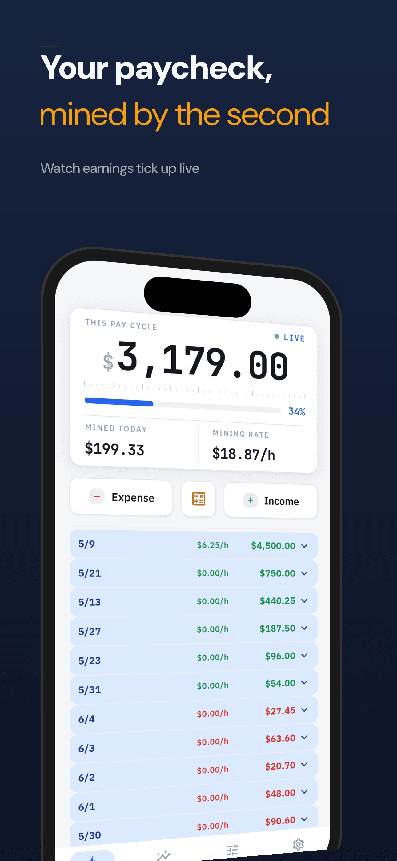 Per-second mining counter on the home dashboard