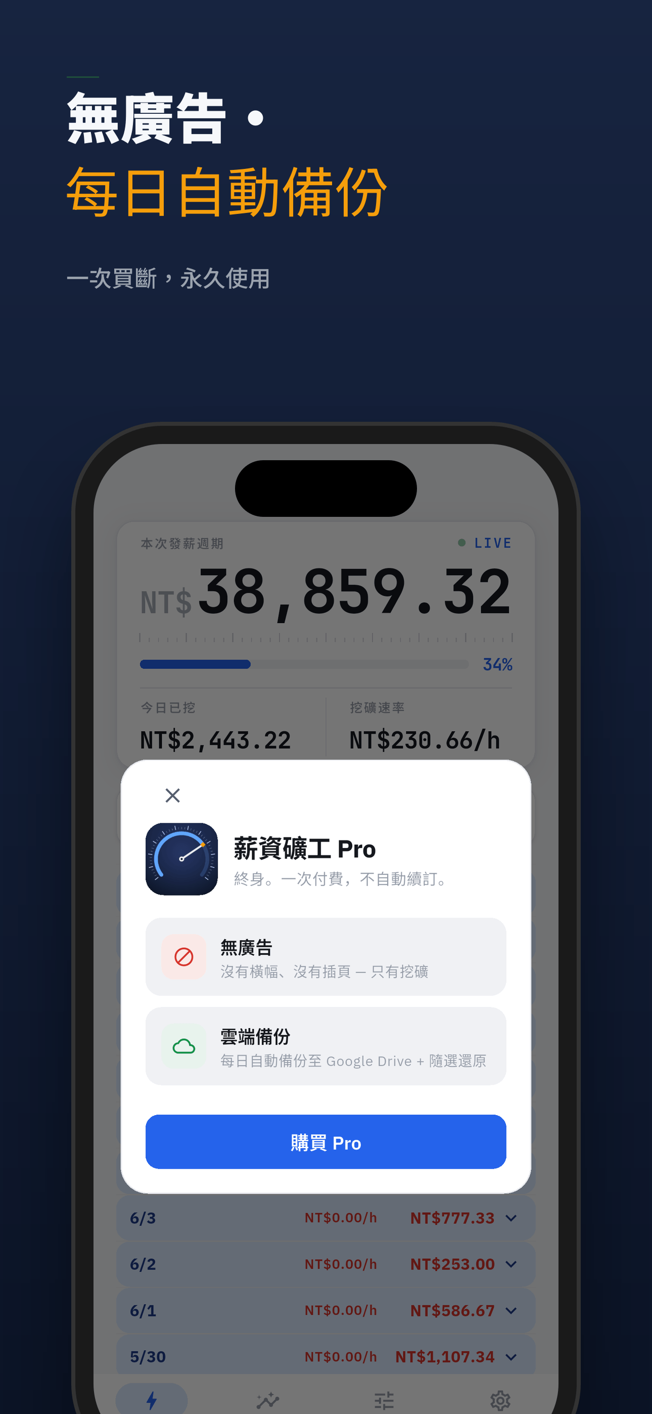 單次付費,無廣告且每日自動雲端備份