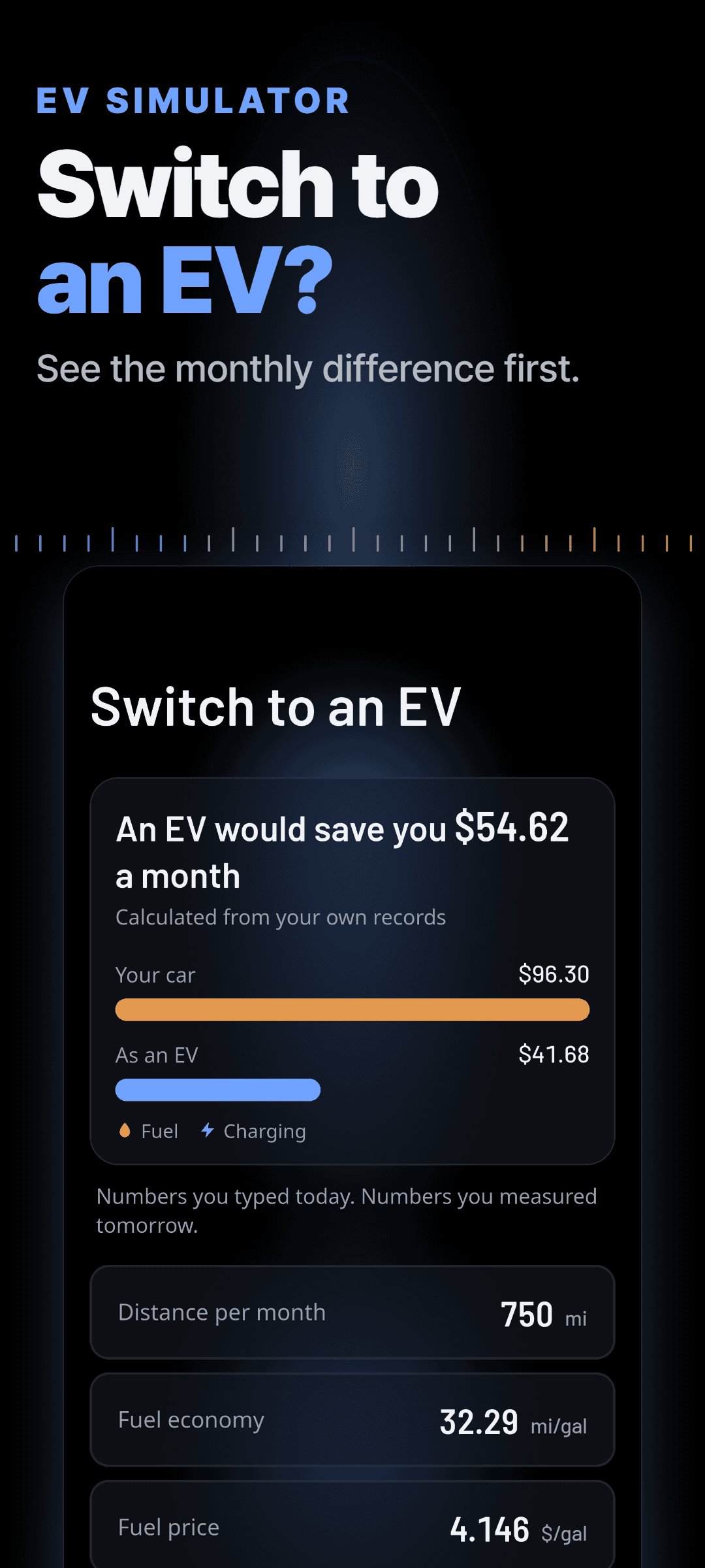 The EV switch simulator: the monthly saving an electric car would bring, calculated from your own records, with your car and an EV side by side