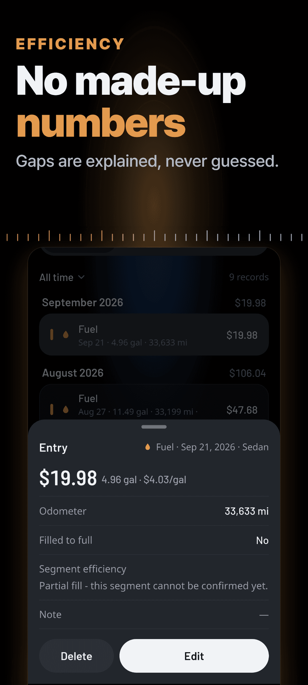 A fuel entry opened: a partial fill, where segment efficiency says the segment cannot be confirmed yet instead of showing a guessed number