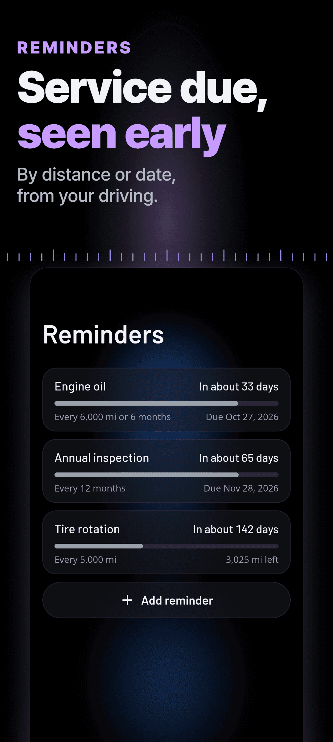 Reminders for engine oil, annual inspection and tire rotation, set by distance, date or both, each with the predicted time until it is due
