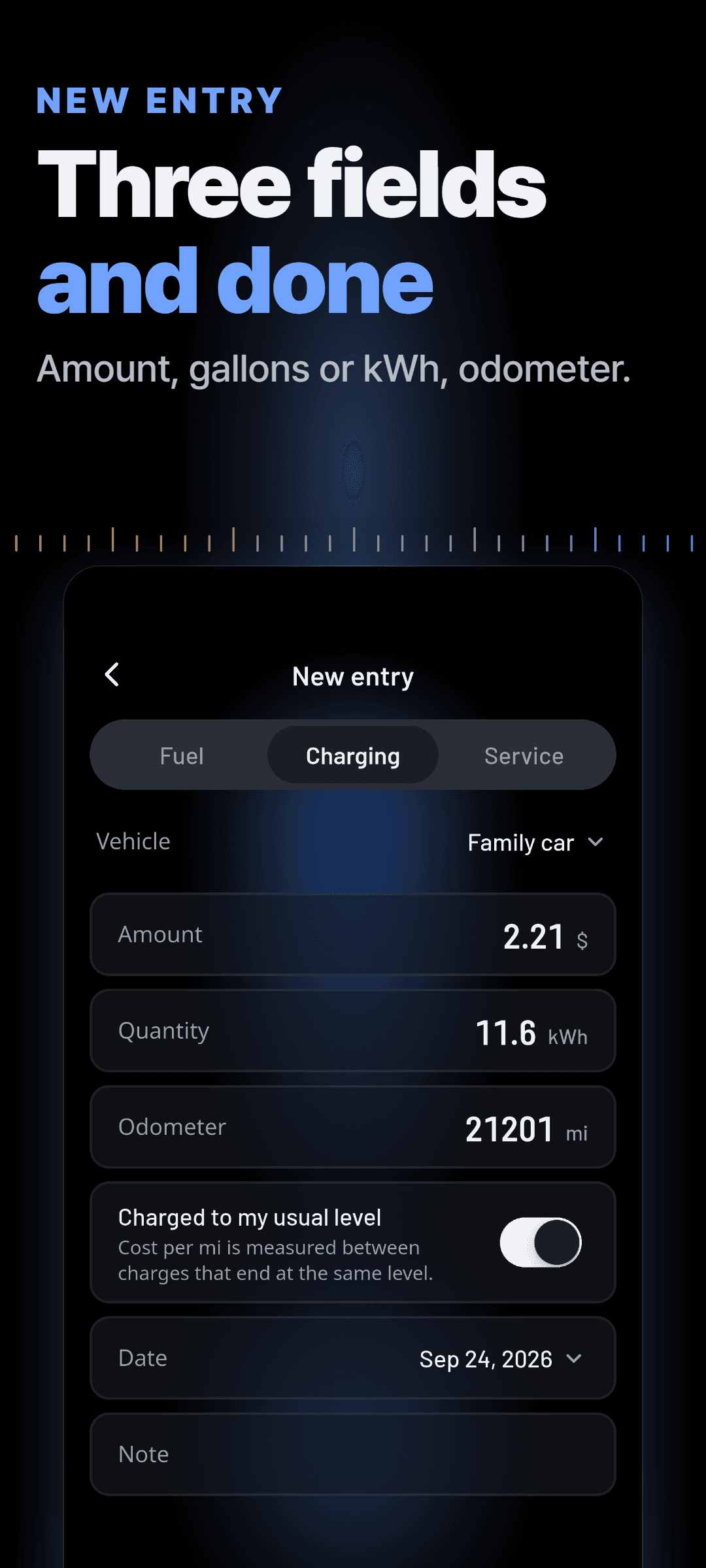 A new charging entry with the amount, kWh and odometer filled in, and the option to mark it as charged to your usual level