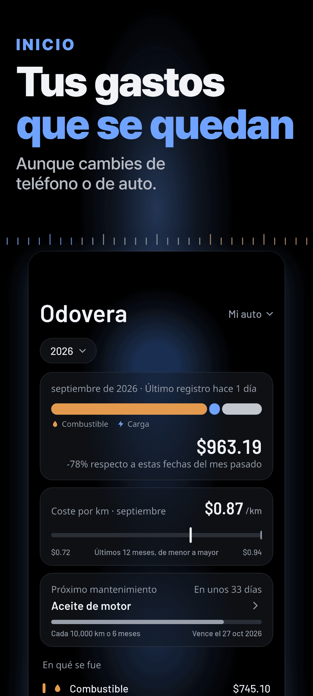 Pantalla de inicio de un híbrido enchufable: el gasto del mes dividido en gasolina y carga, el costo por kilómetro del mes frente a los últimos 12 meses y el próximo servicio con su fecha