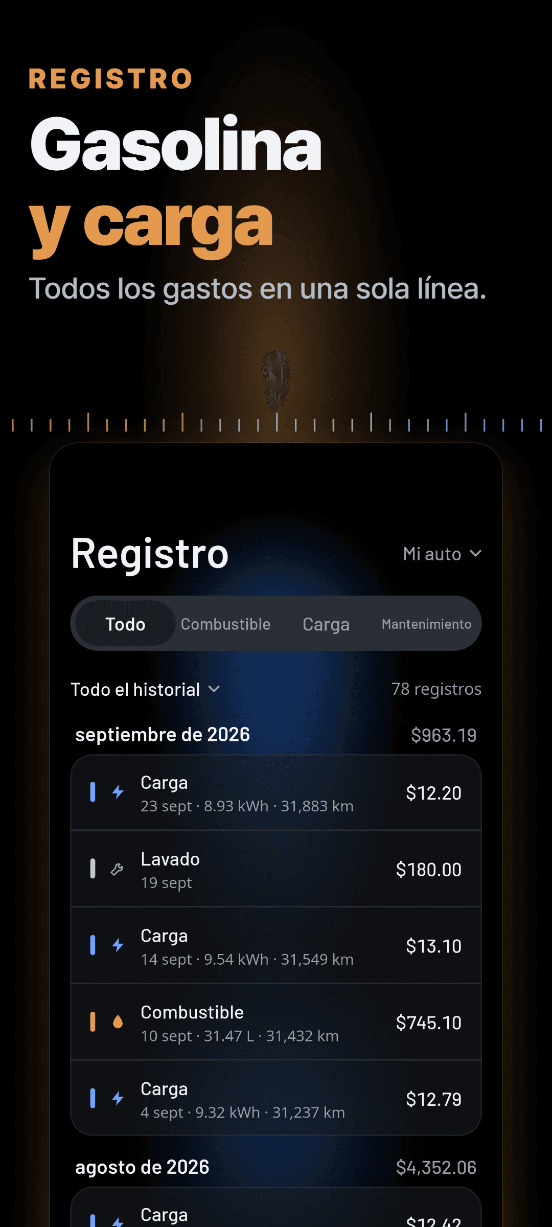 El registro: cargas, gasolina y un lavado en la misma línea de tiempo, agrupados por mes con el total de cada mes